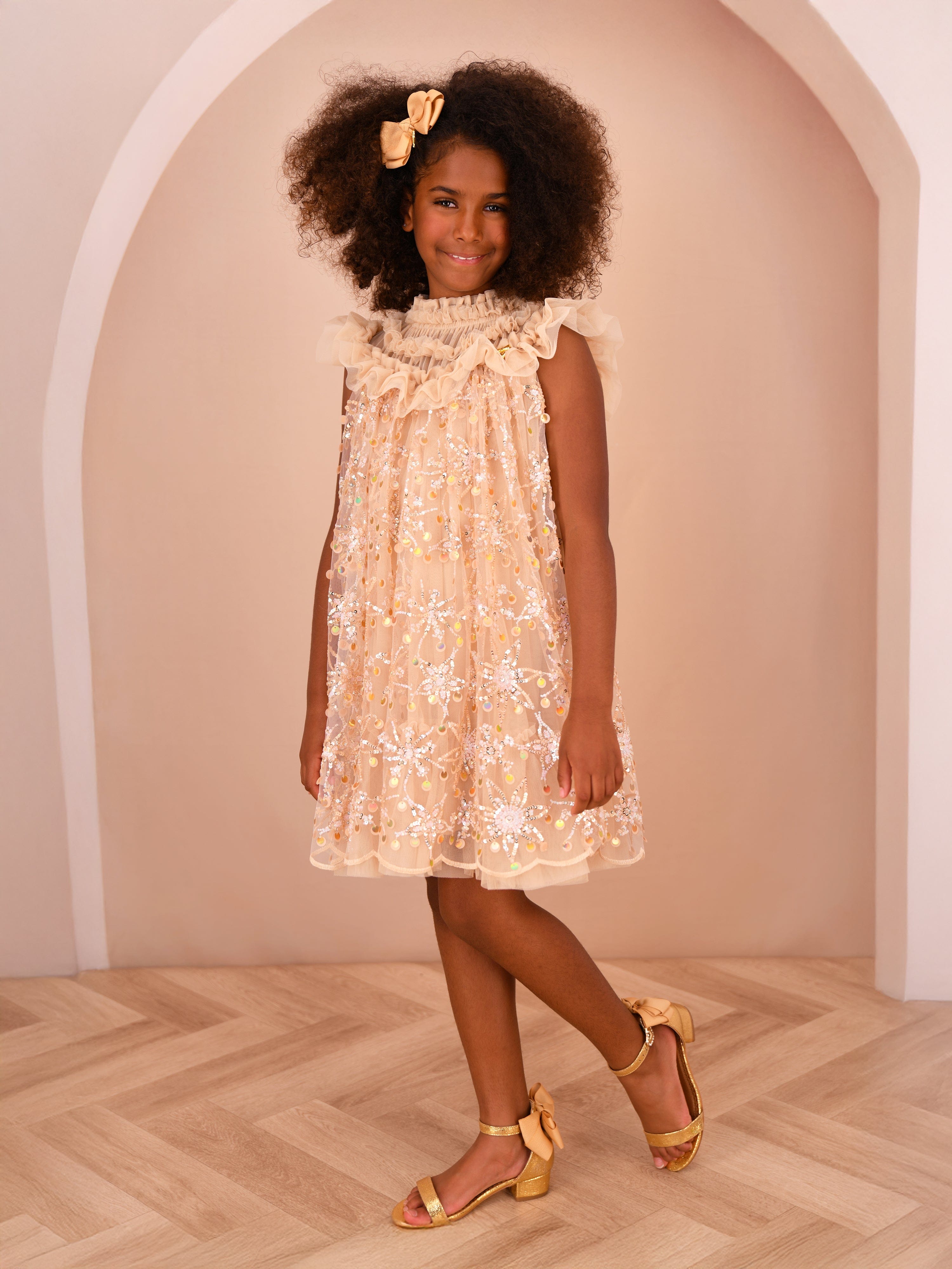 Angels Face Girls Dominique Flower Sequin Dress in Gold
