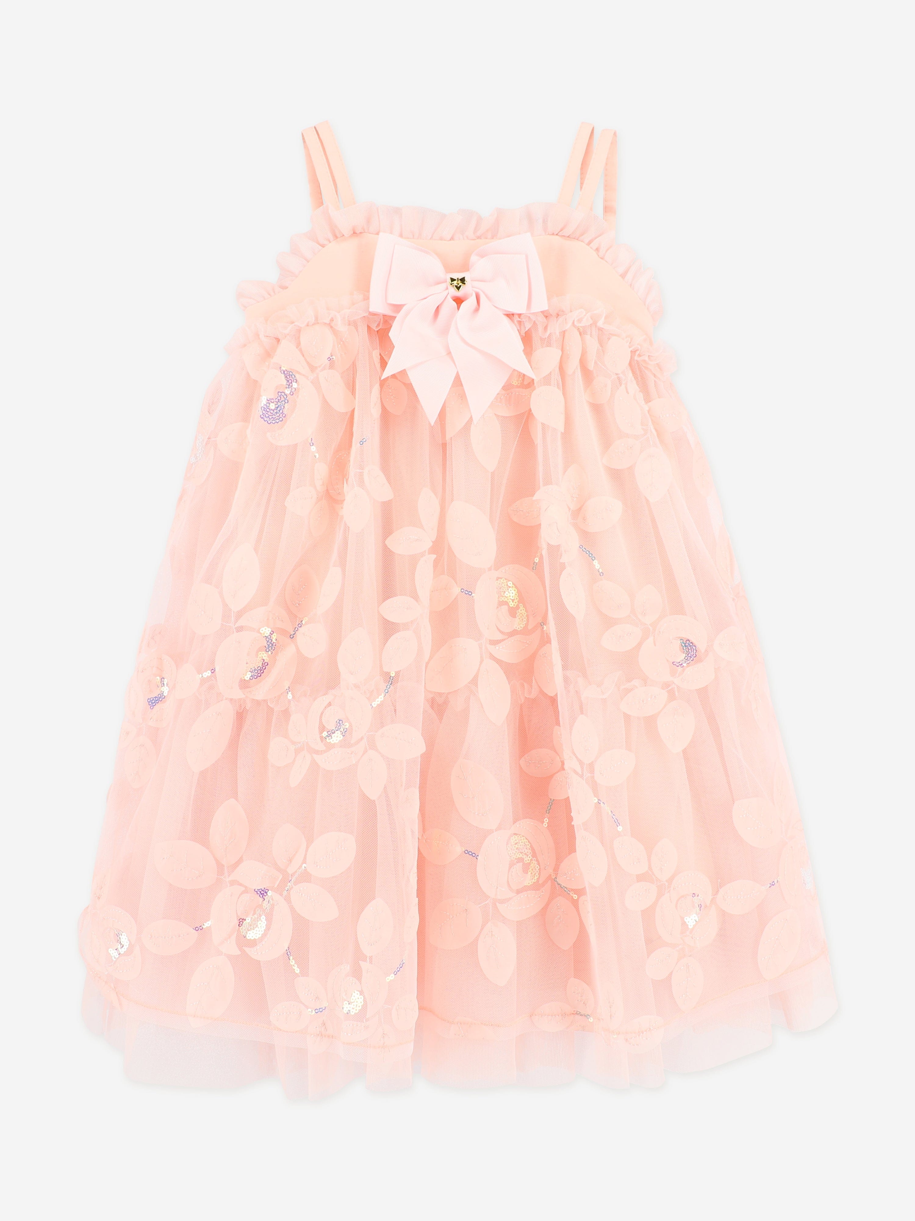 Angels Face Girls Lydia Embroidered 3D Bud Strappy Dress in Pink