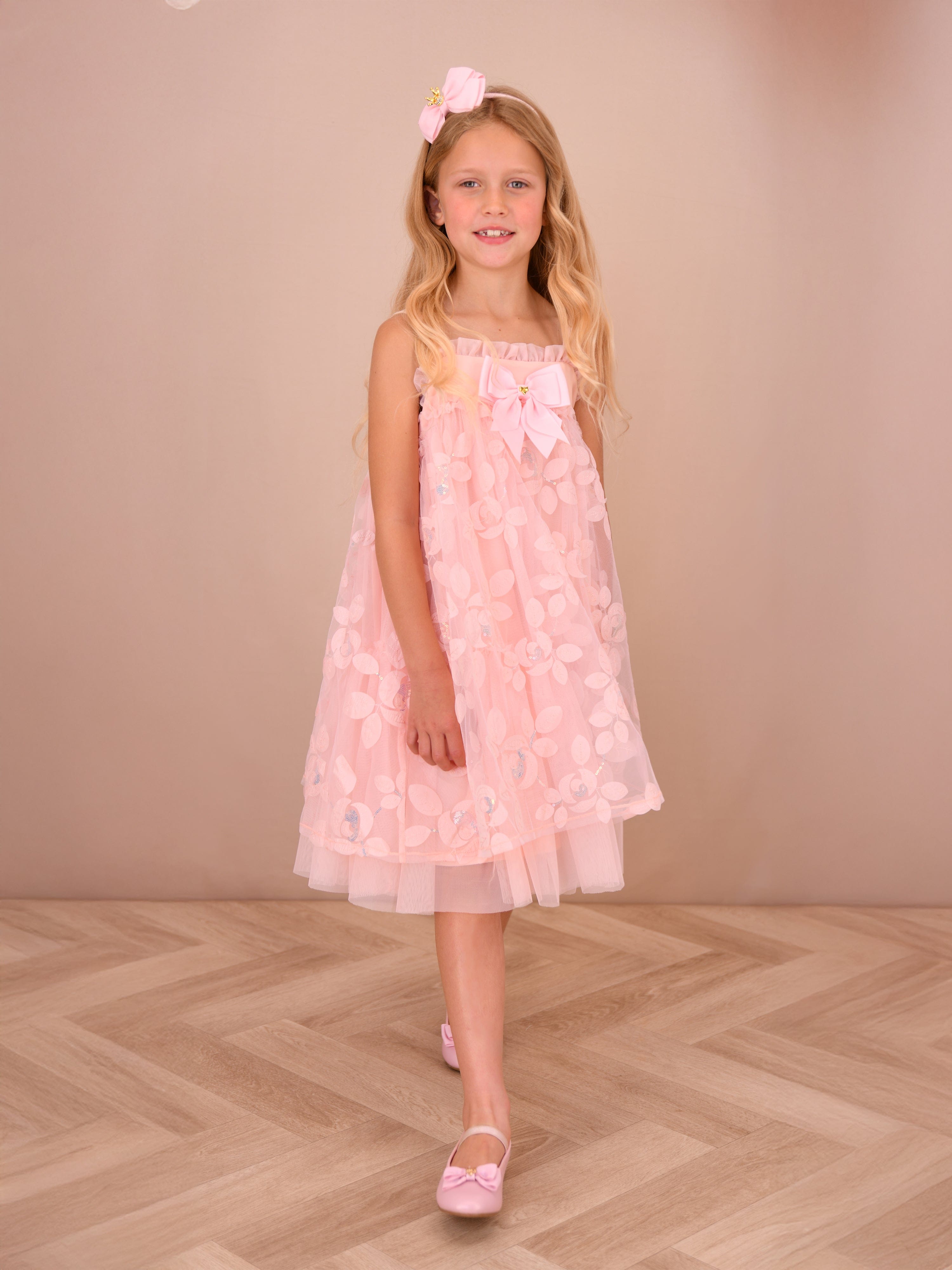 Angels Face Girls Lydia Embroidered 3D Bud Strappy Dress in Pink