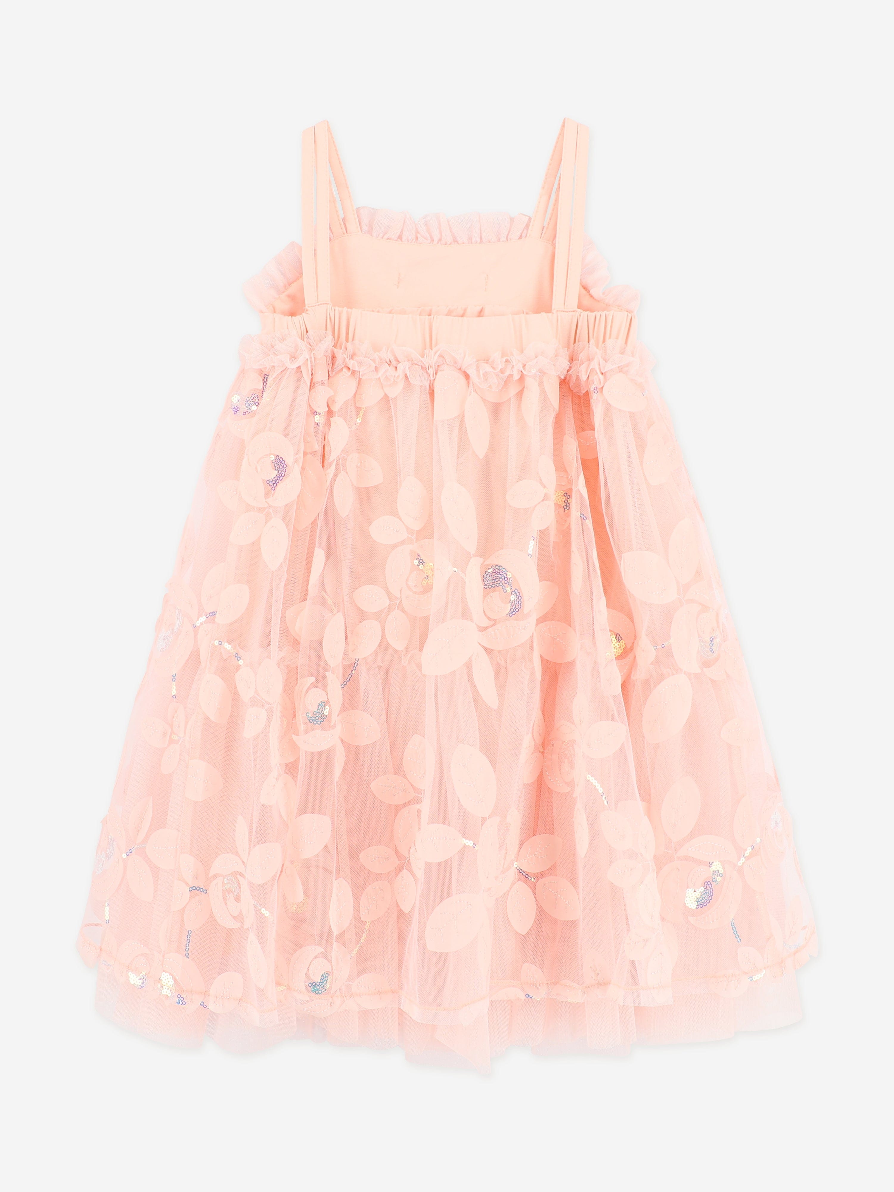 Angels Face Girls Lydia Embroidered 3D Bud Strappy Dress in Pink