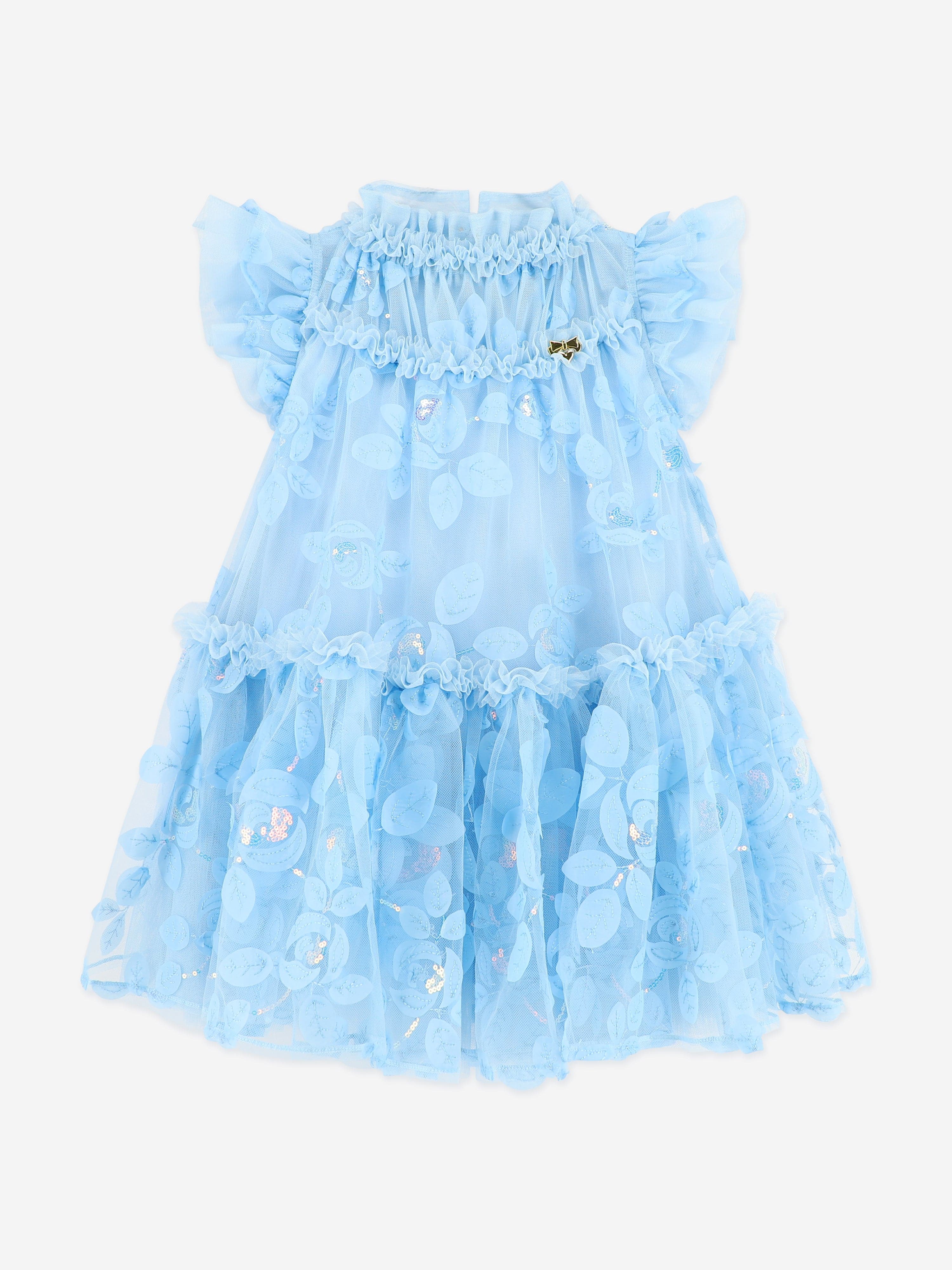 Angels Face Girls Marietta Embroidered 3D Bud Tulle Dress in Blue