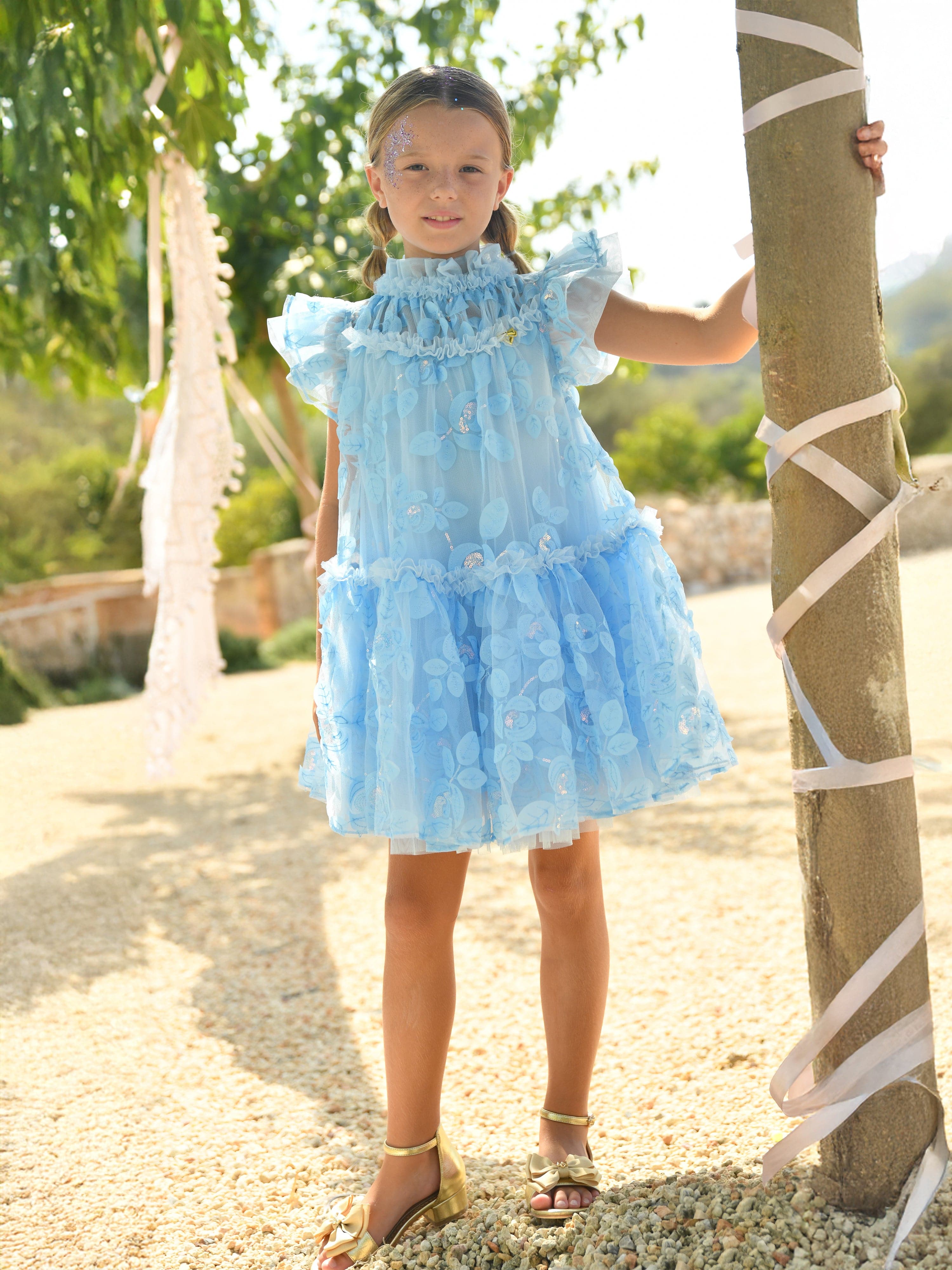 Angels Face Girls Marietta Embroidered 3D Bud Tulle Dress in Blue