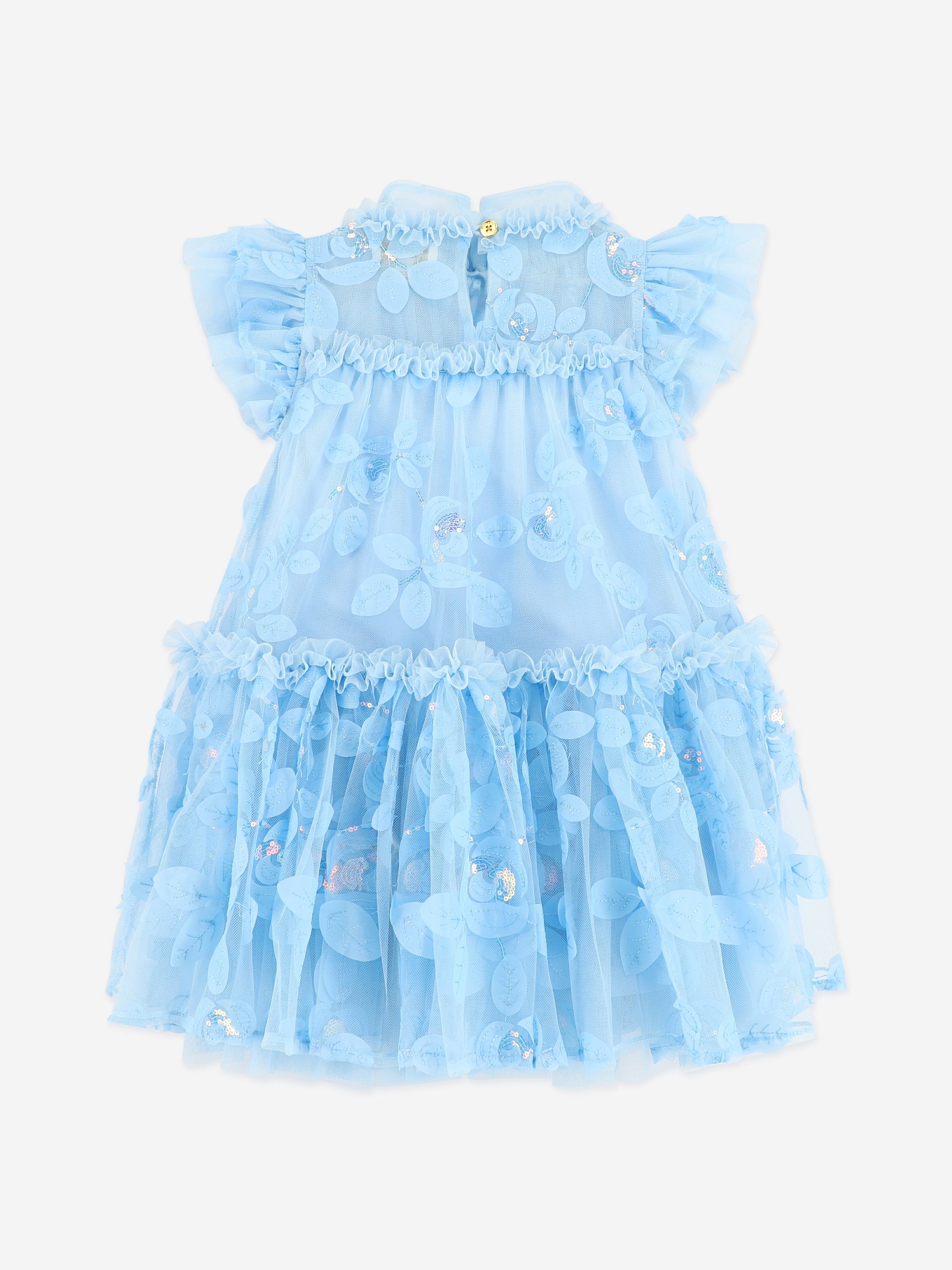 Angels Face Girls Marietta Embroidered 3D Bud Tulle Dress in Blue