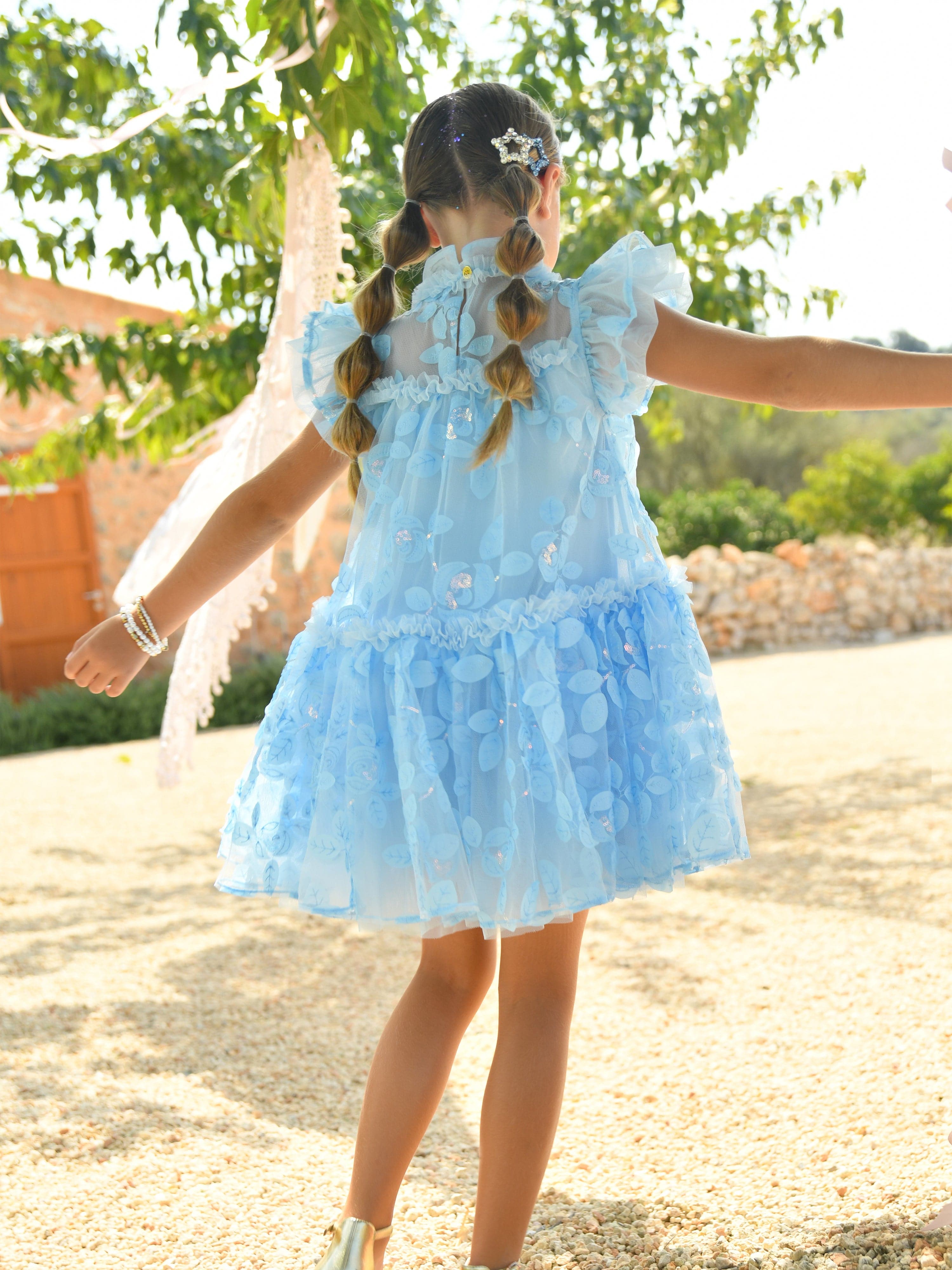 Angels Face Girls Marietta Embroidered 3D Bud Tulle Dress in Blue