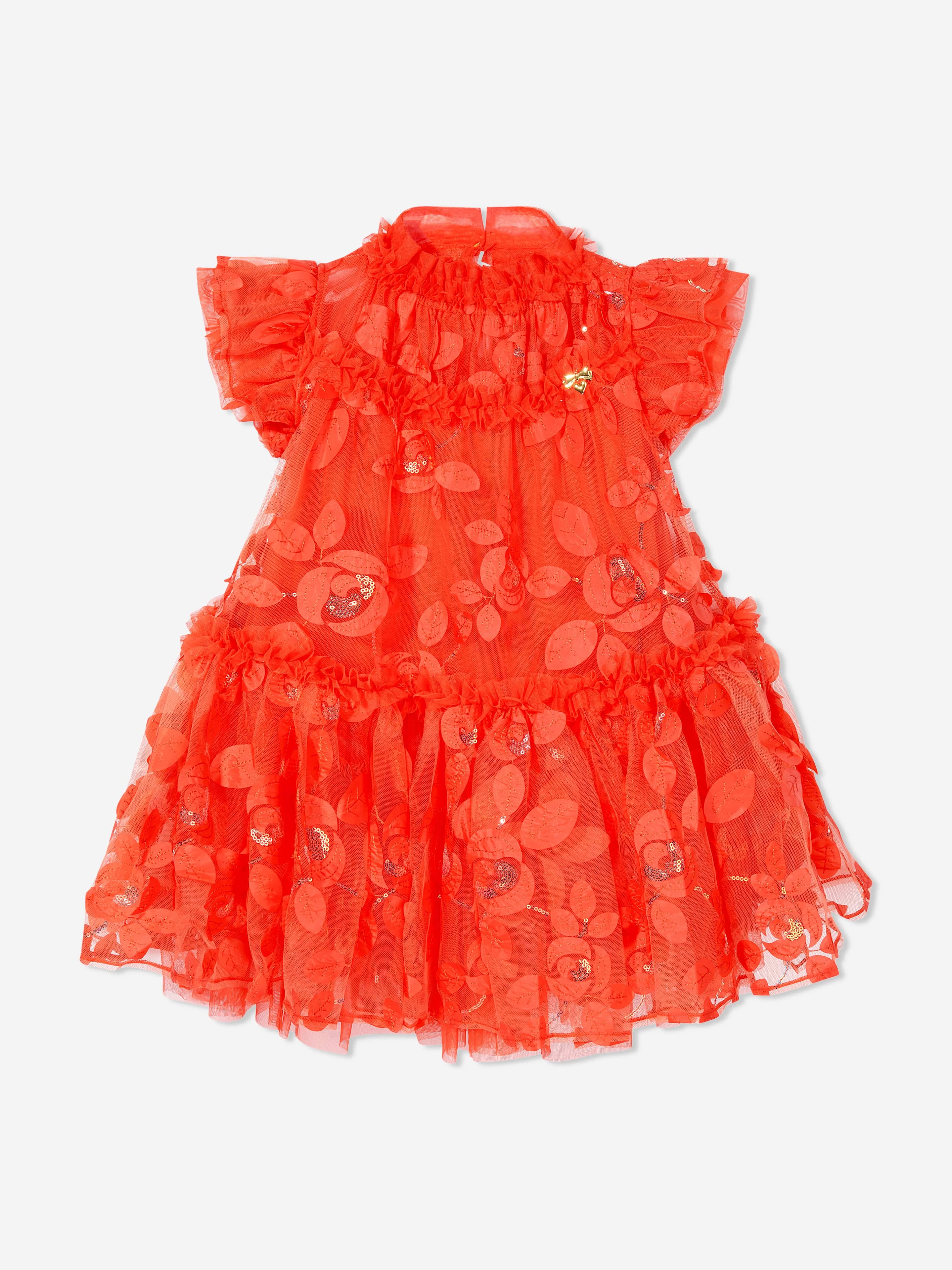 Angels Face Girls Marietta Embroidered 3D Bud Tulle Dress in Orange