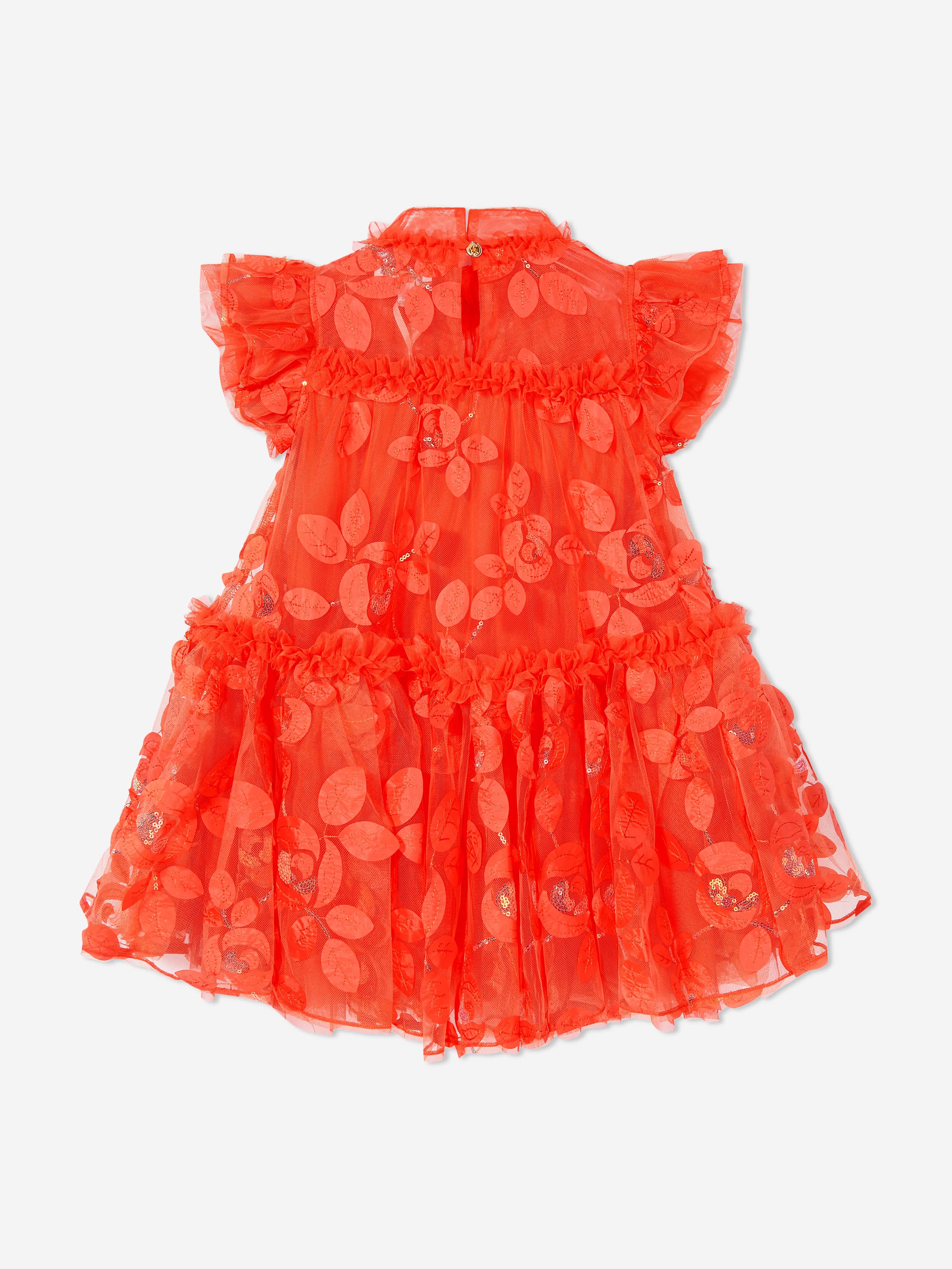 Angels Face Girls Marietta Embroidered 3D Bud Tulle Dress in Orange