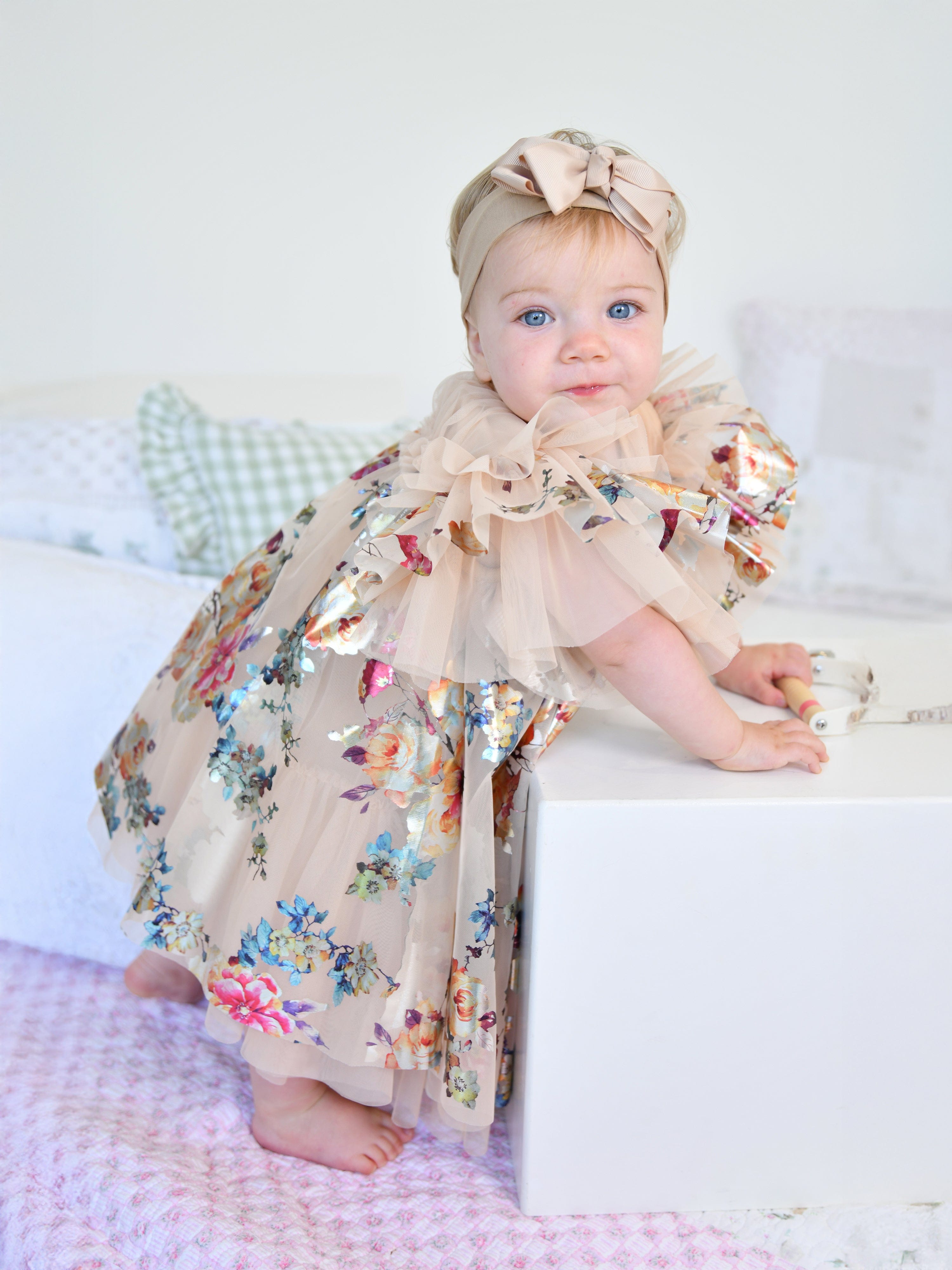 Angels Face Girls Marlowe Foil Floral Print Dress in Gold