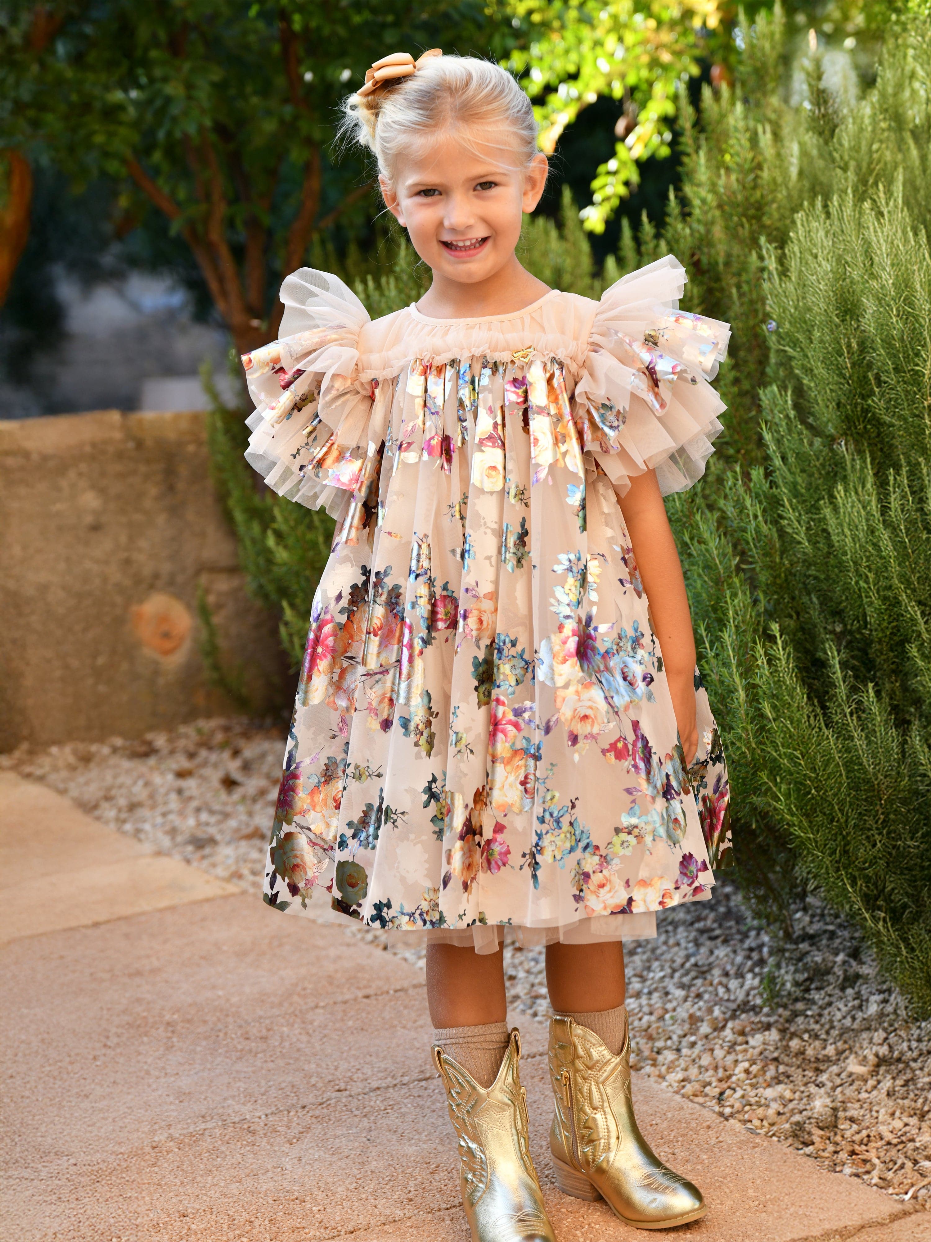 Angels Face Girls Marlowe Foil Floral Print Dress in Gold
