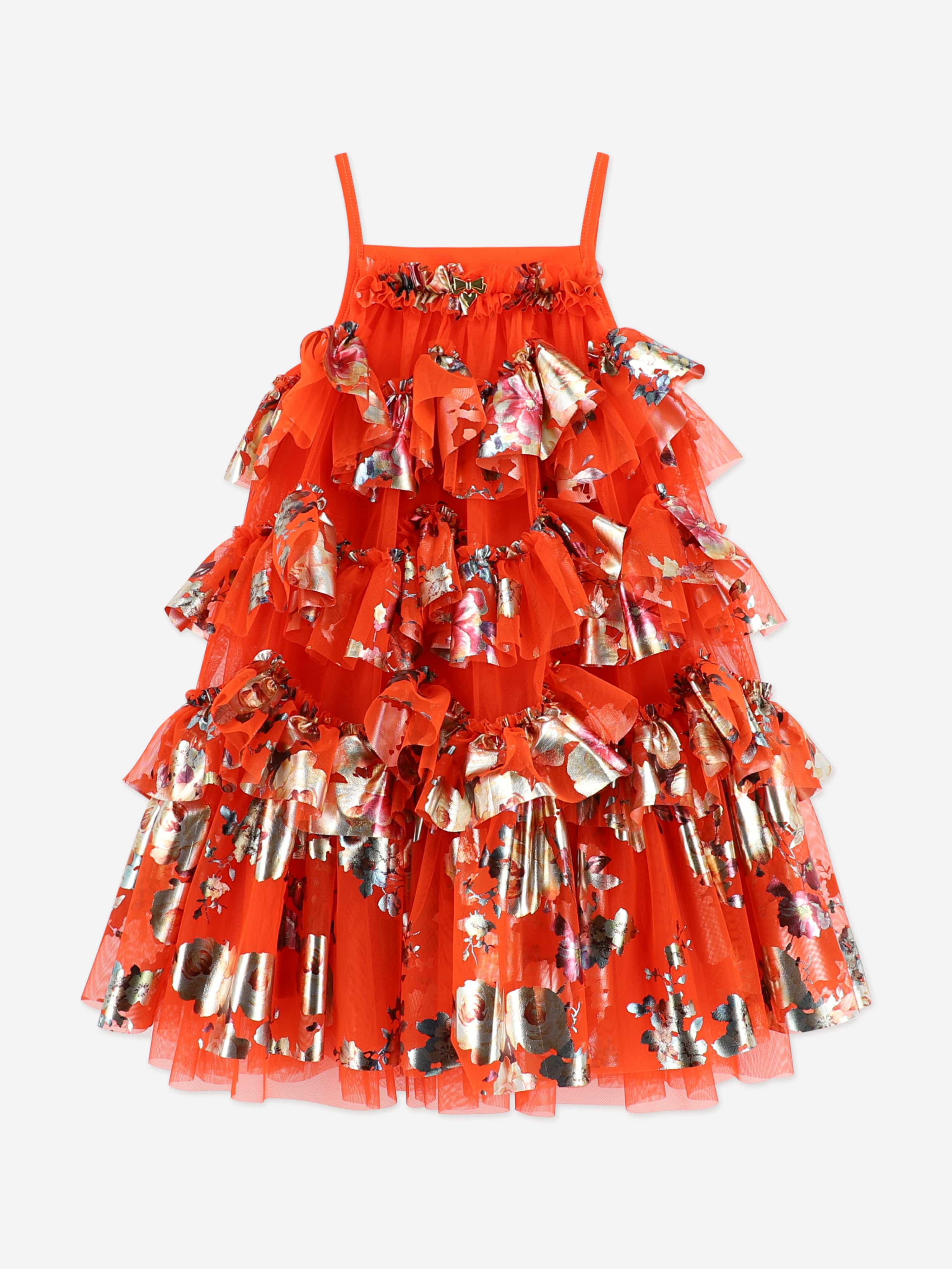 Angels Face Girls Remi Foil Floral Print Ruffle Dress in Orange