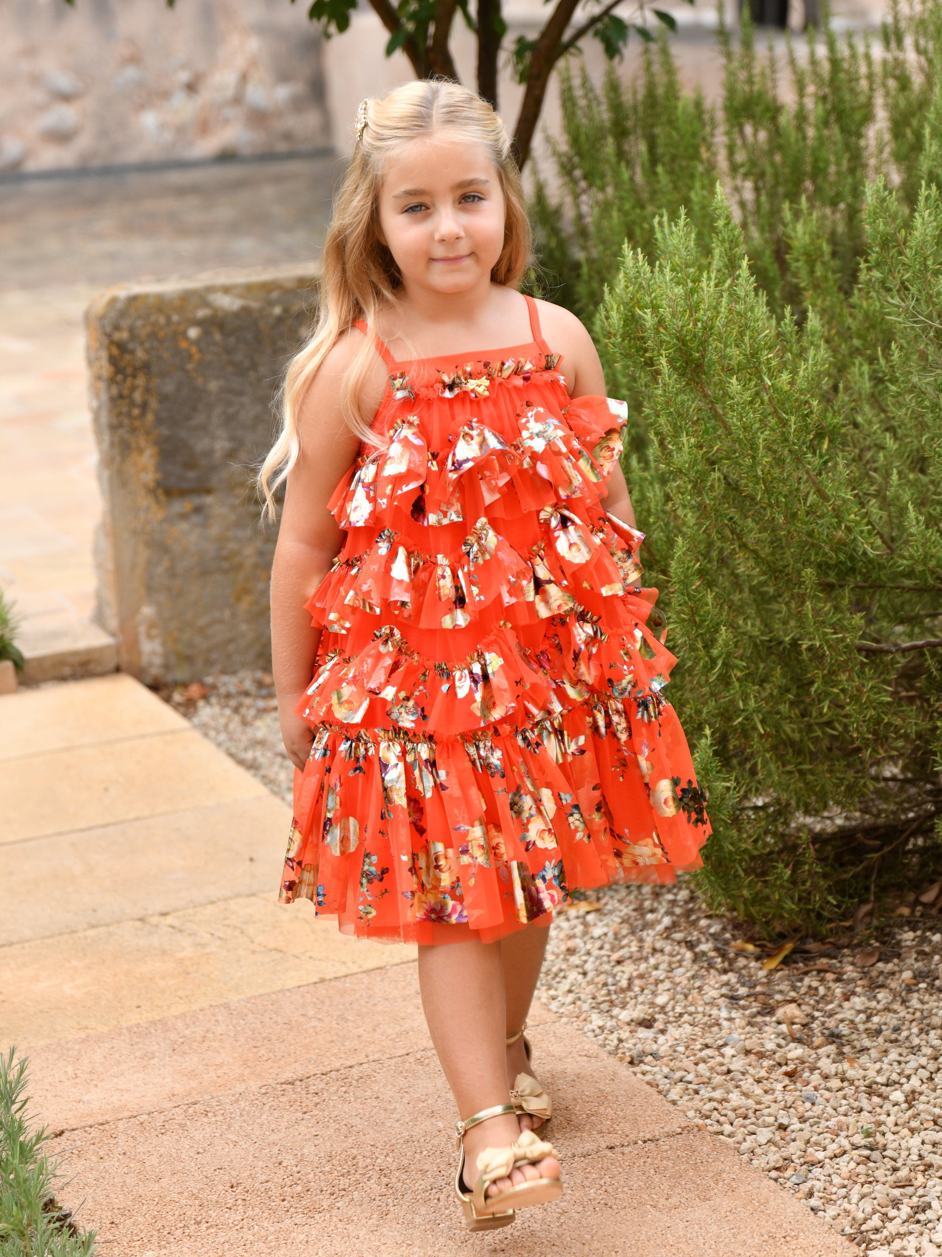 Angels Face Girls Remi Foil Floral Print Ruffle Dress in Orange