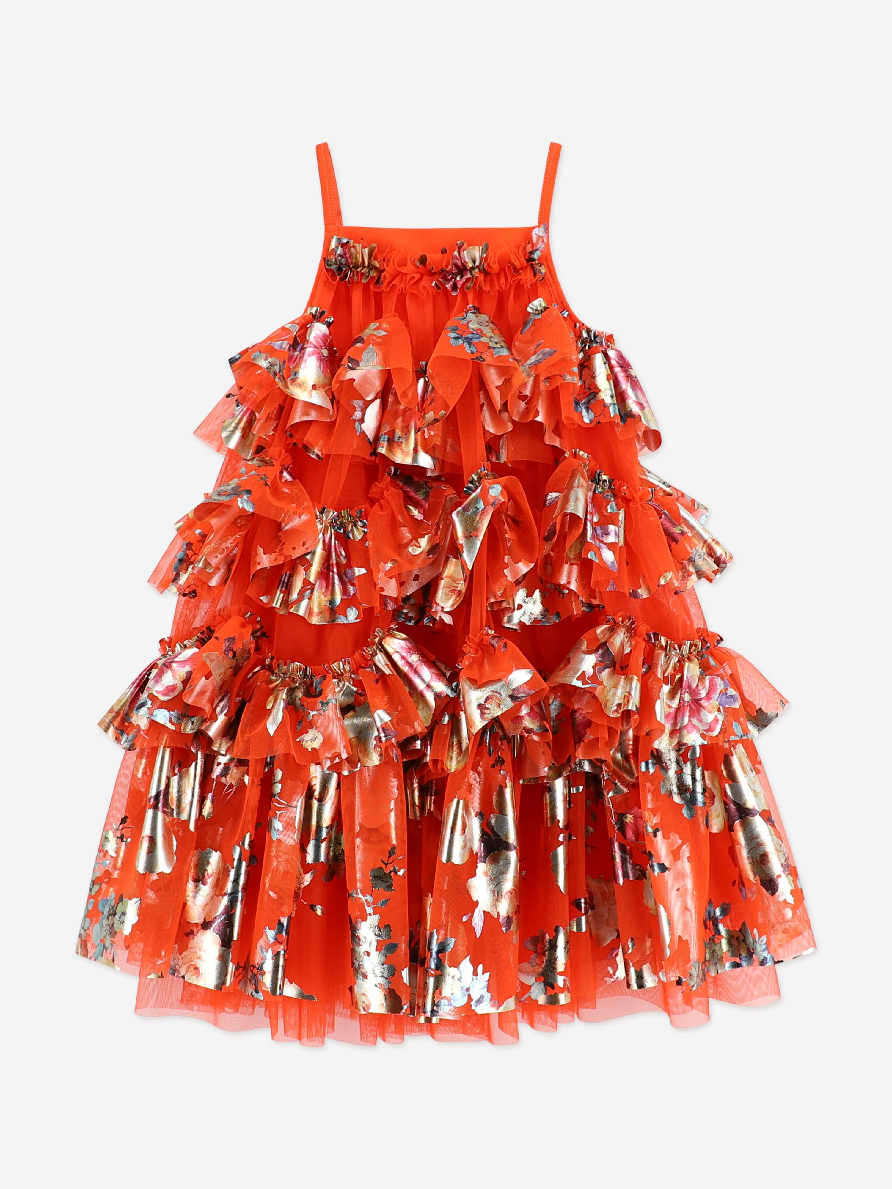 Angels Face Girls Remi Foil Floral Print Ruffle Dress in Orange
