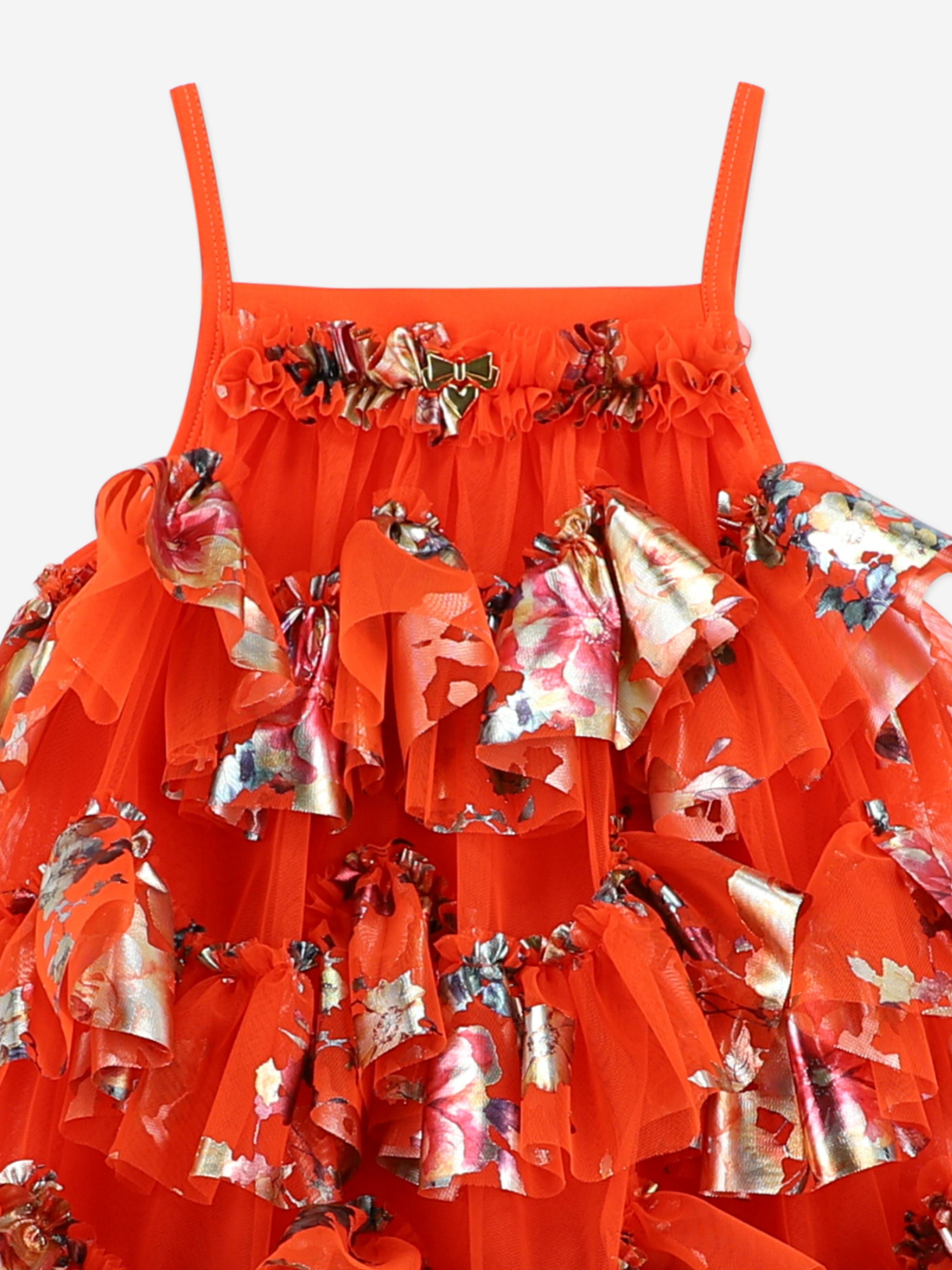 Angels Face Girls Remi Foil Floral Print Ruffle Dress in Orange