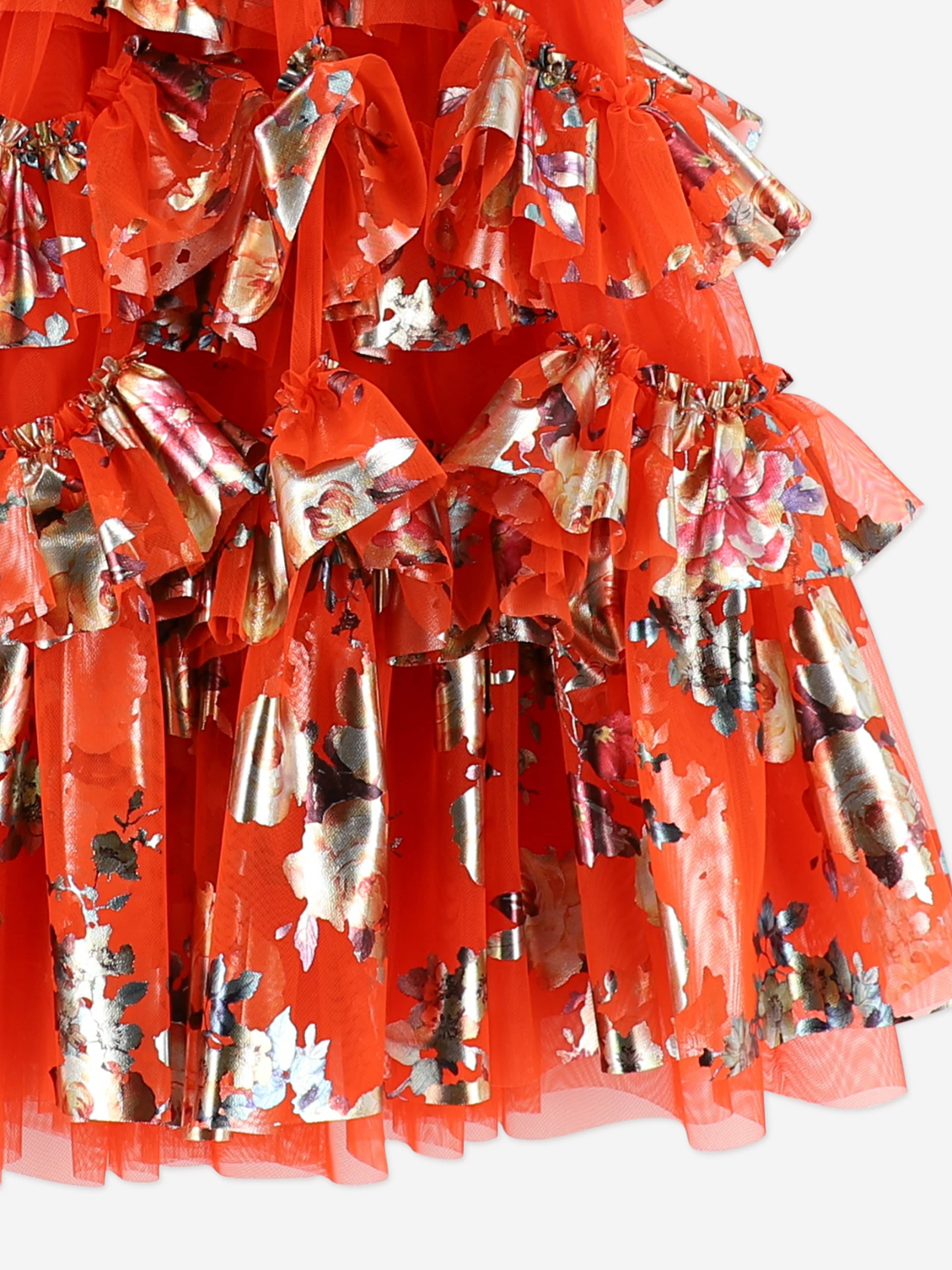 Angels Face Girls Remi Foil Floral Print Ruffle Dress in Orange