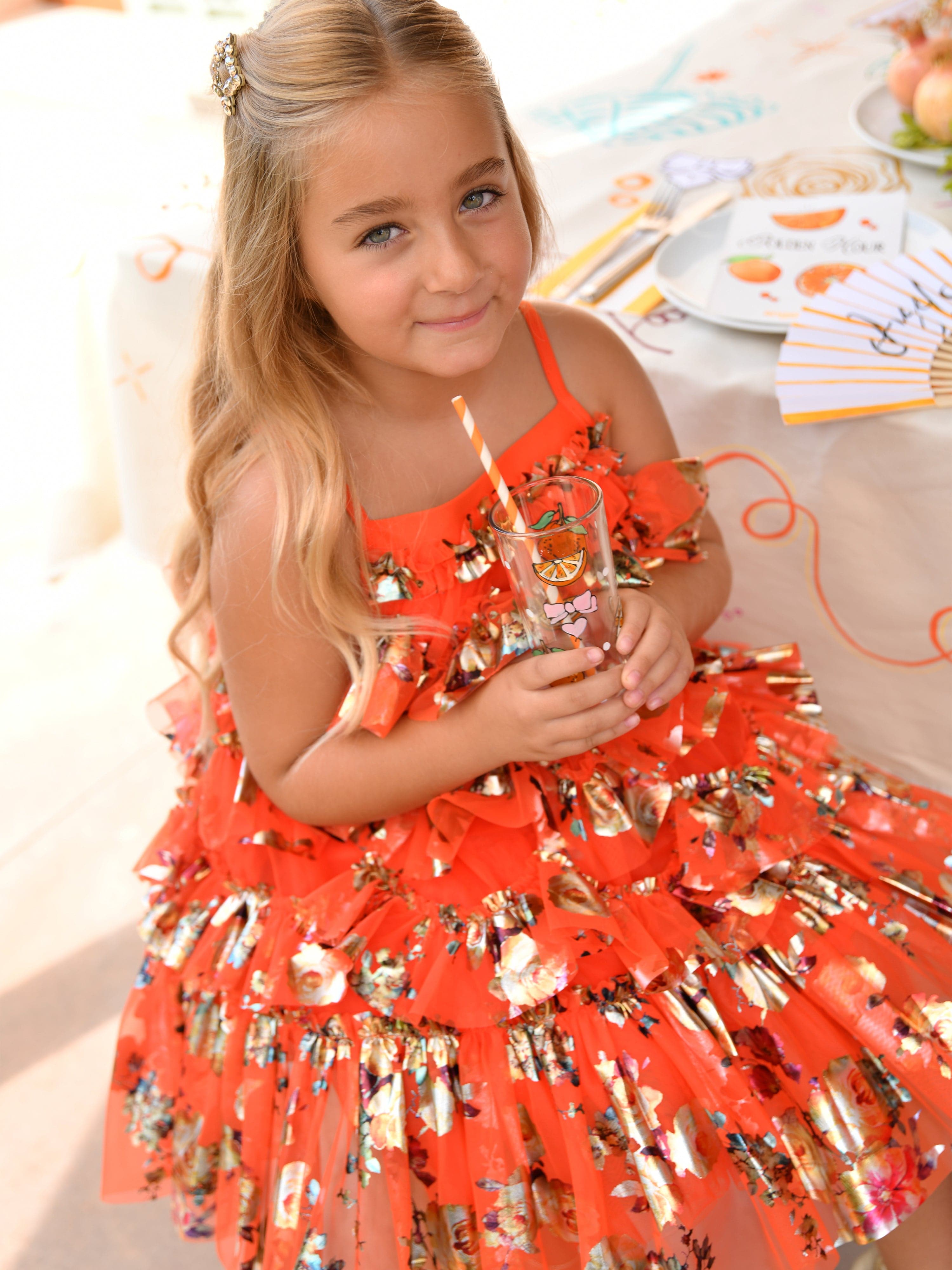 Angels Face Girls Remi Foil Floral Print Ruffle Dress in Orange