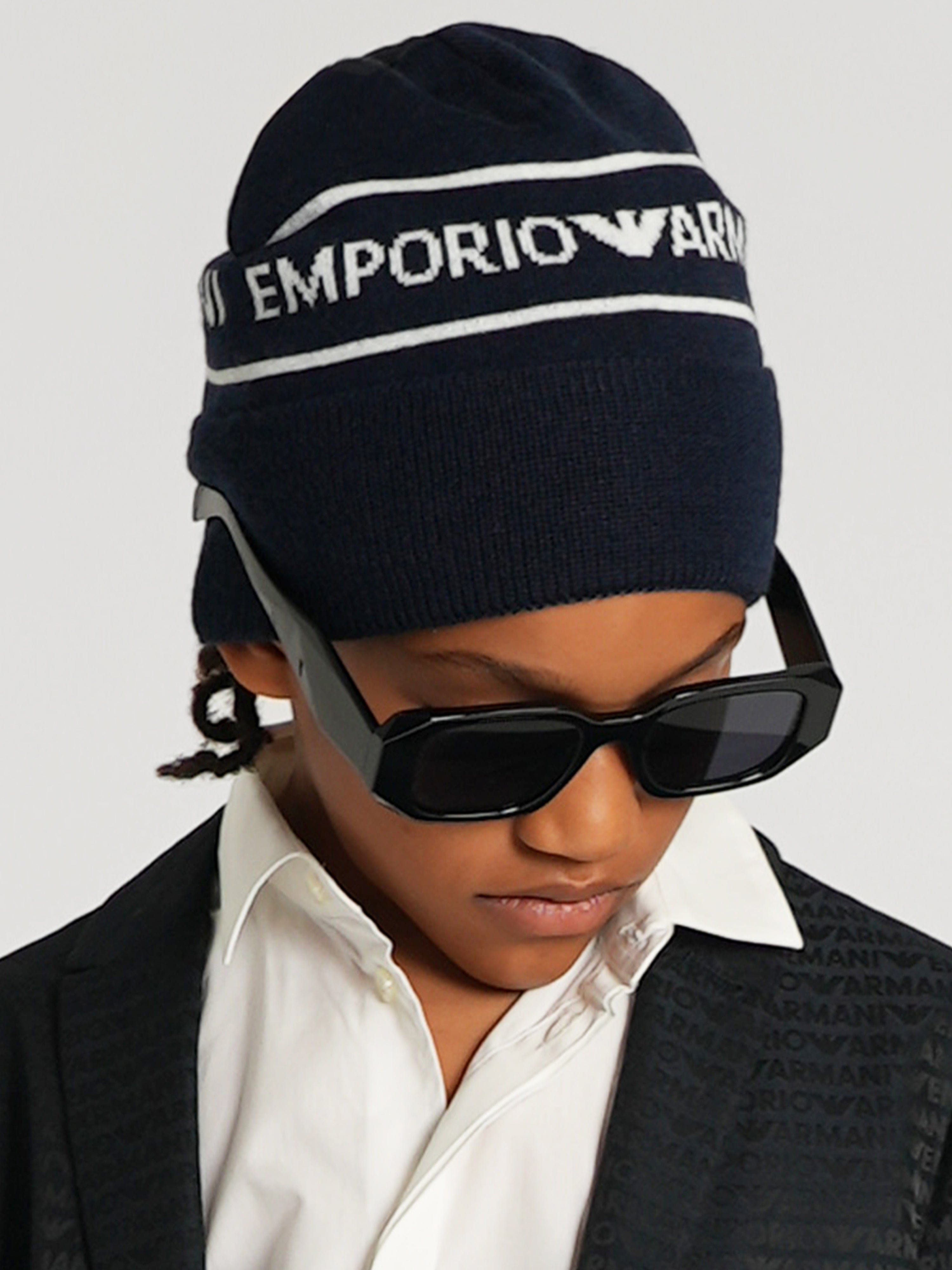 Emporio Armani Boys Logo Beanie Hat in Navy