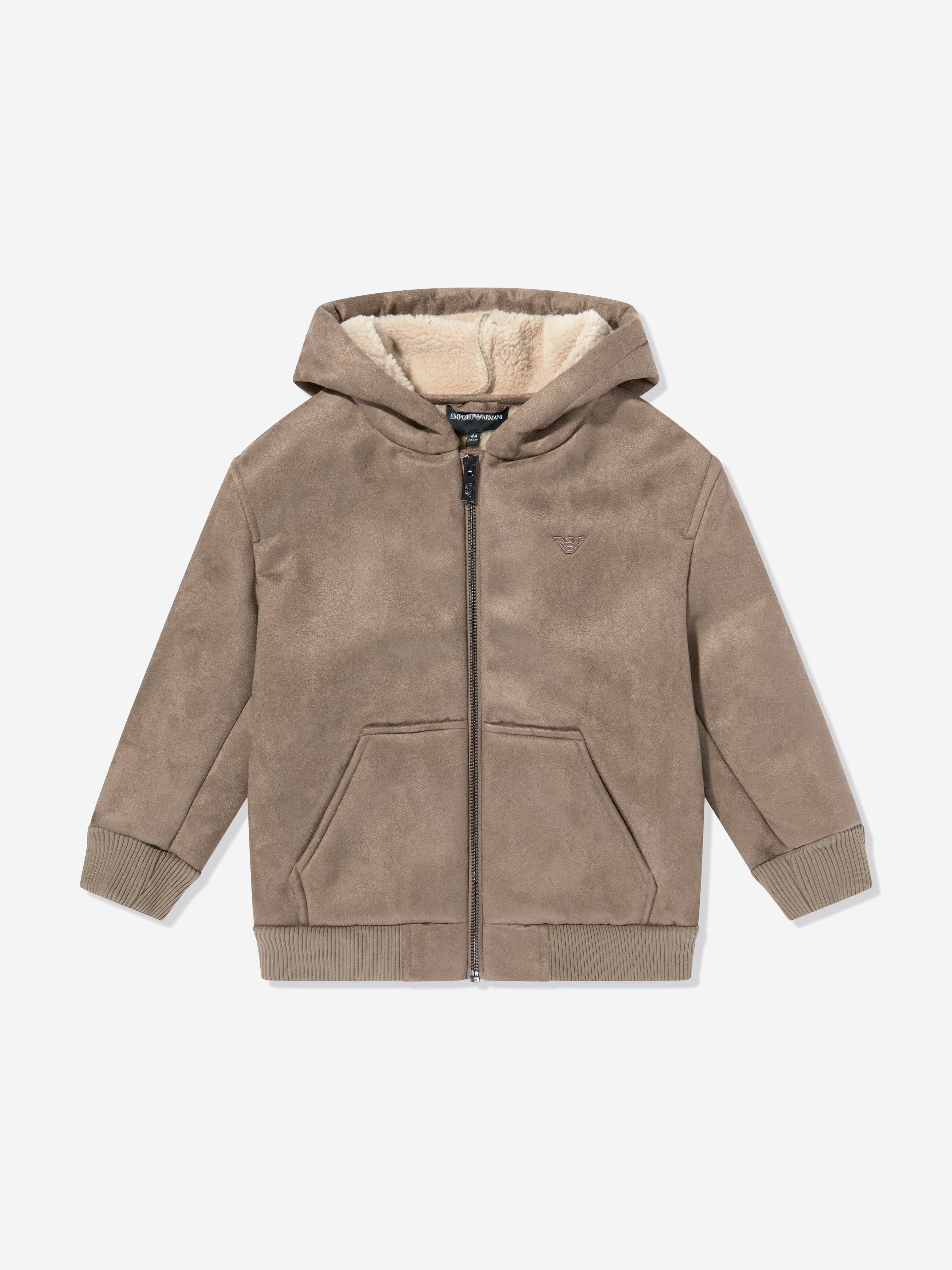 Emporio Armani Boys Fleece Lined Zip Up Jacket in Brown