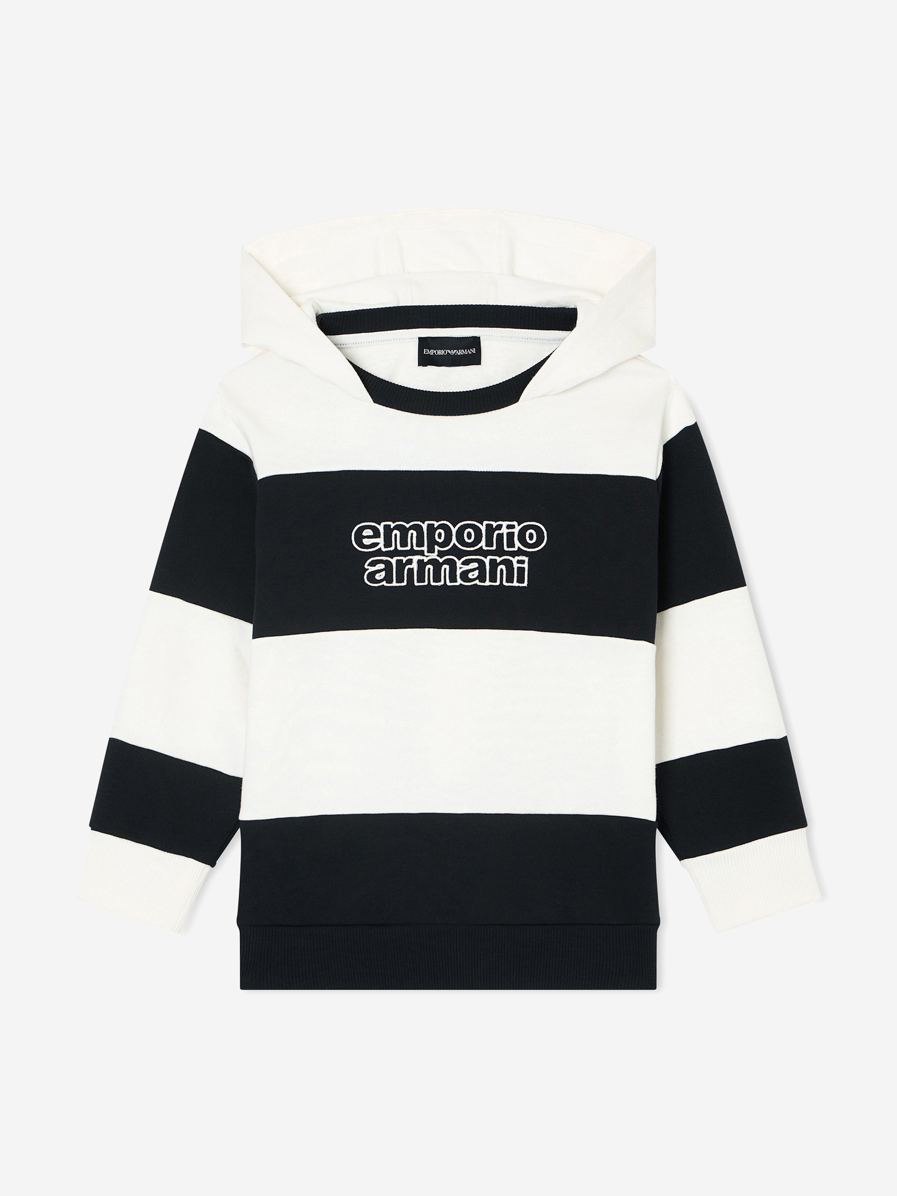 Emporio Armani Boys Striped Logo Hoodie in Navy