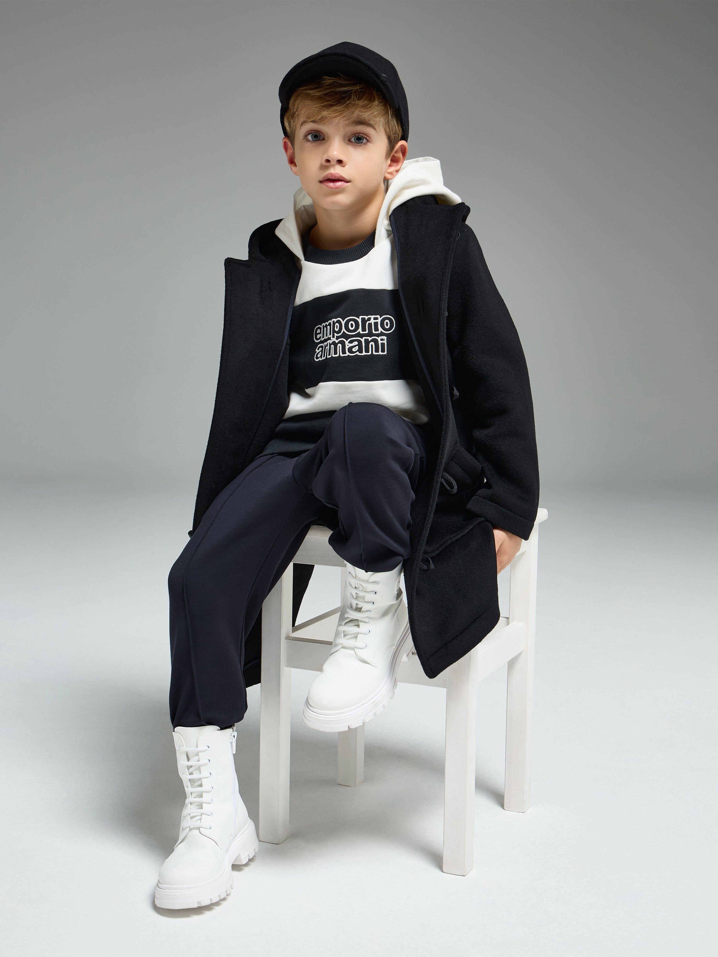 Emporio Armani Boys Striped Logo Hoodie in Navy