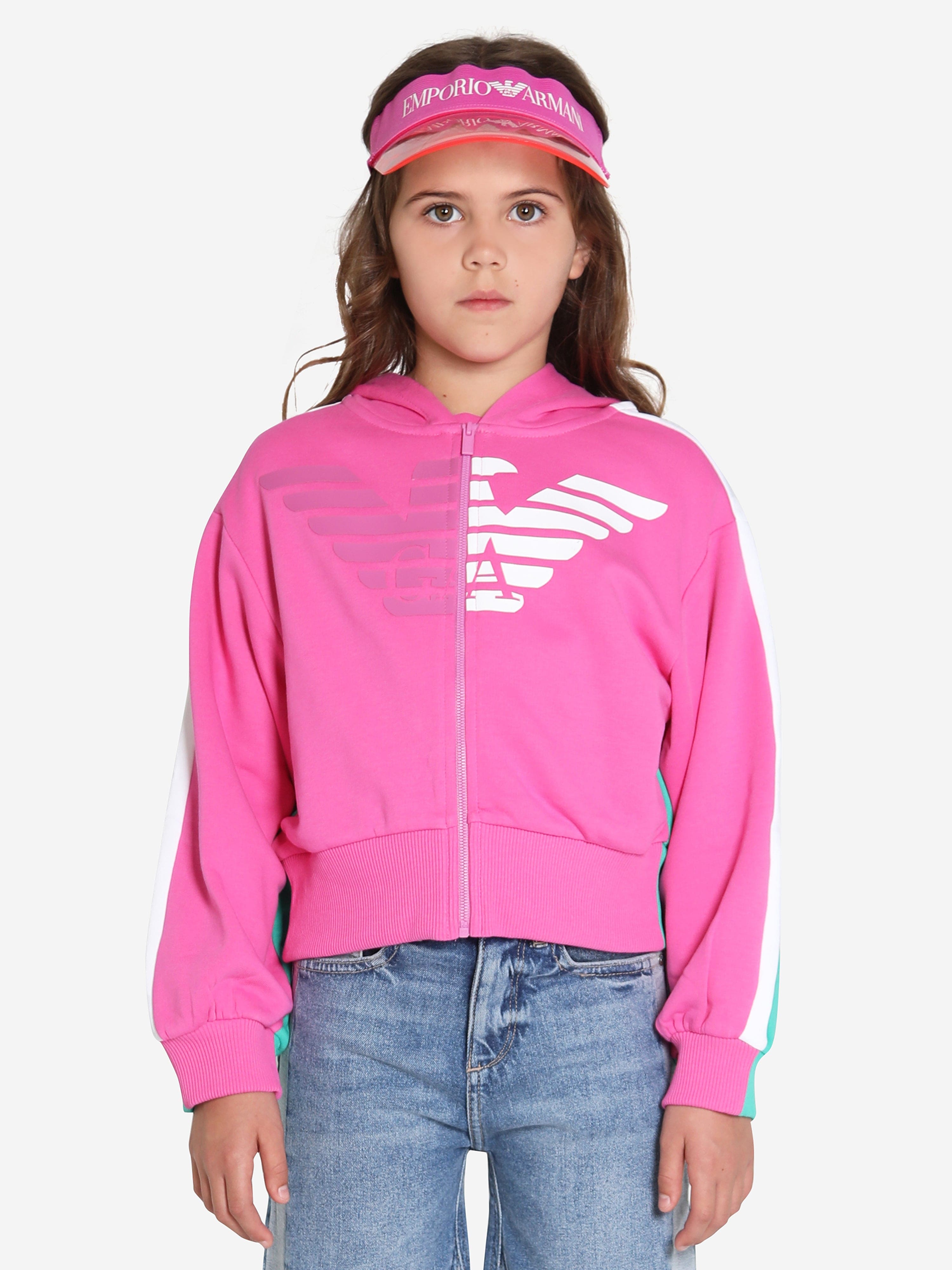 Emporio Armani Girls Logo Zip Up Hoodie In Pink