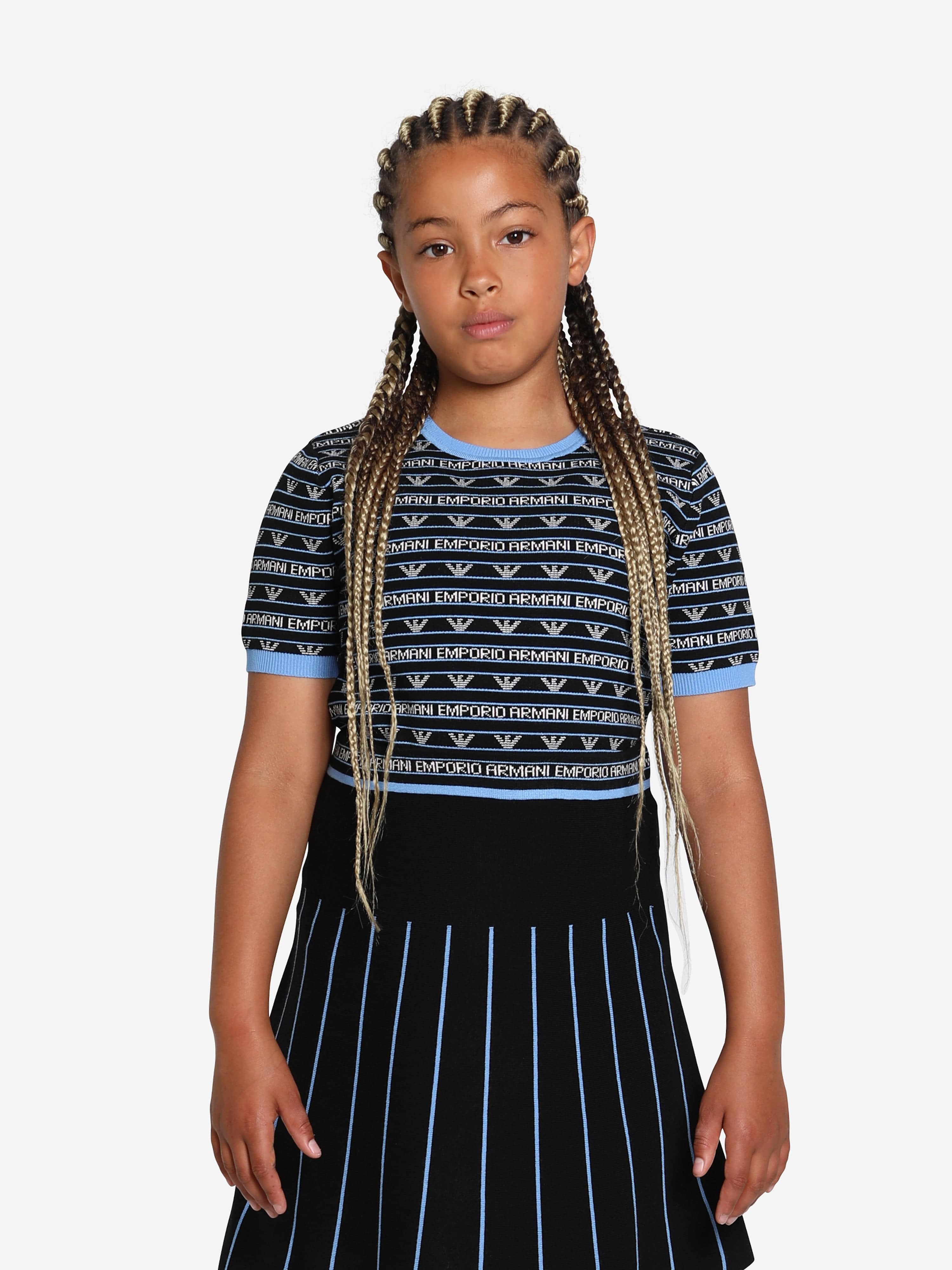 Emporio Armani Girls Short Sleeve Logo Jumper In Navy