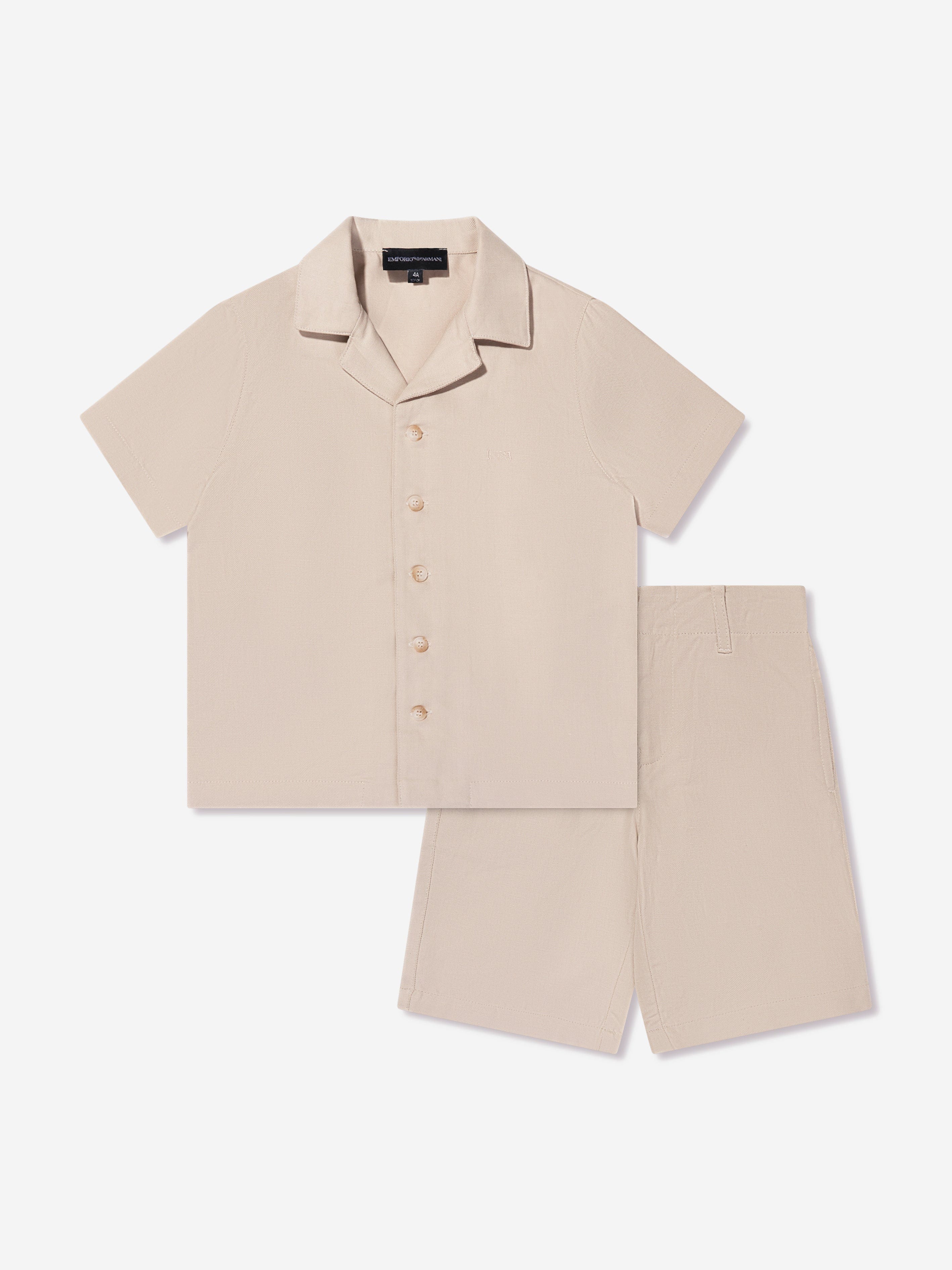 Emporio Armani Boys Linen Shirt And Shorts Set In Beige