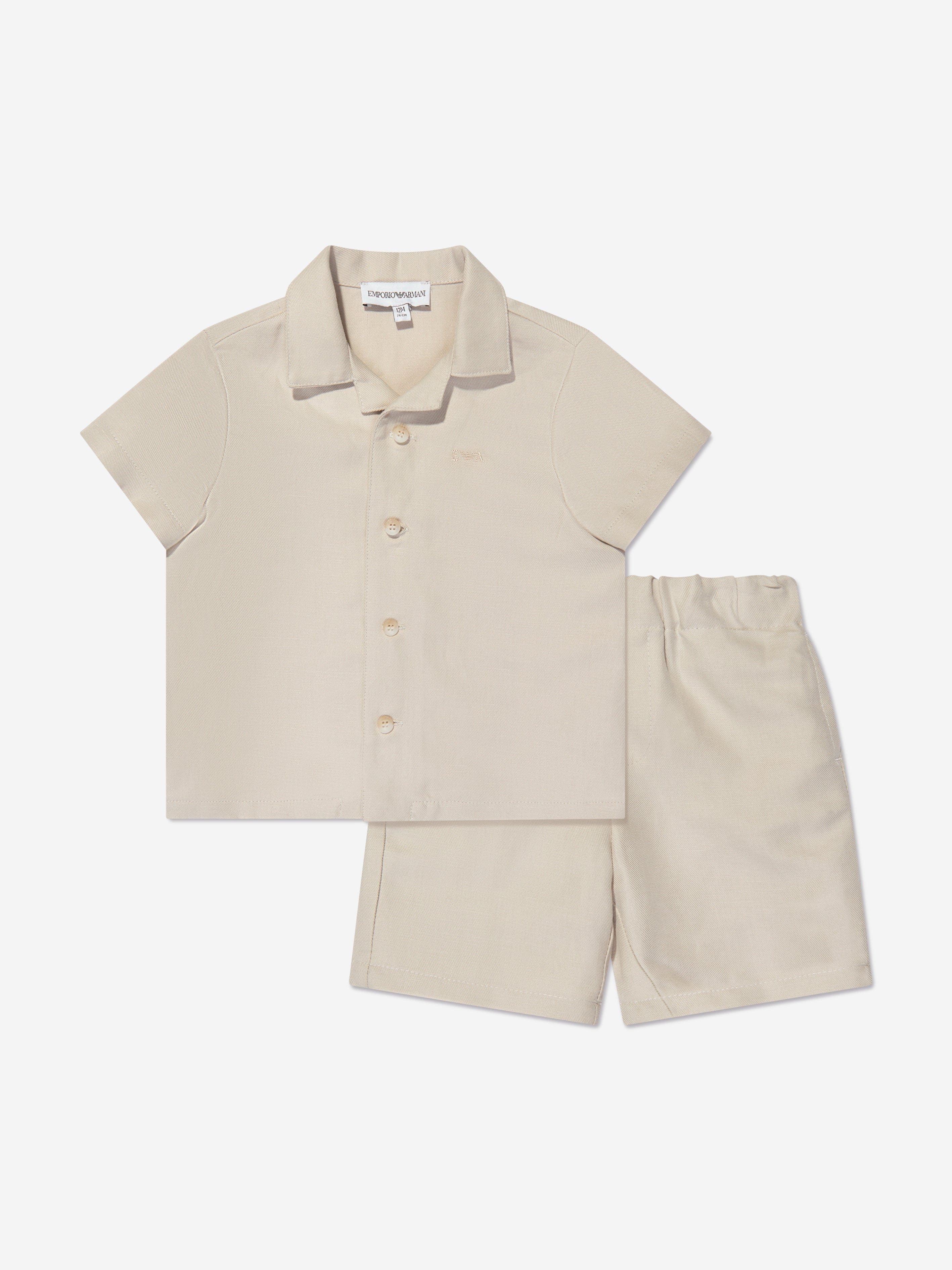 Emporio Armani Baby Boys Linen Shirt And Shorts Set In Beige