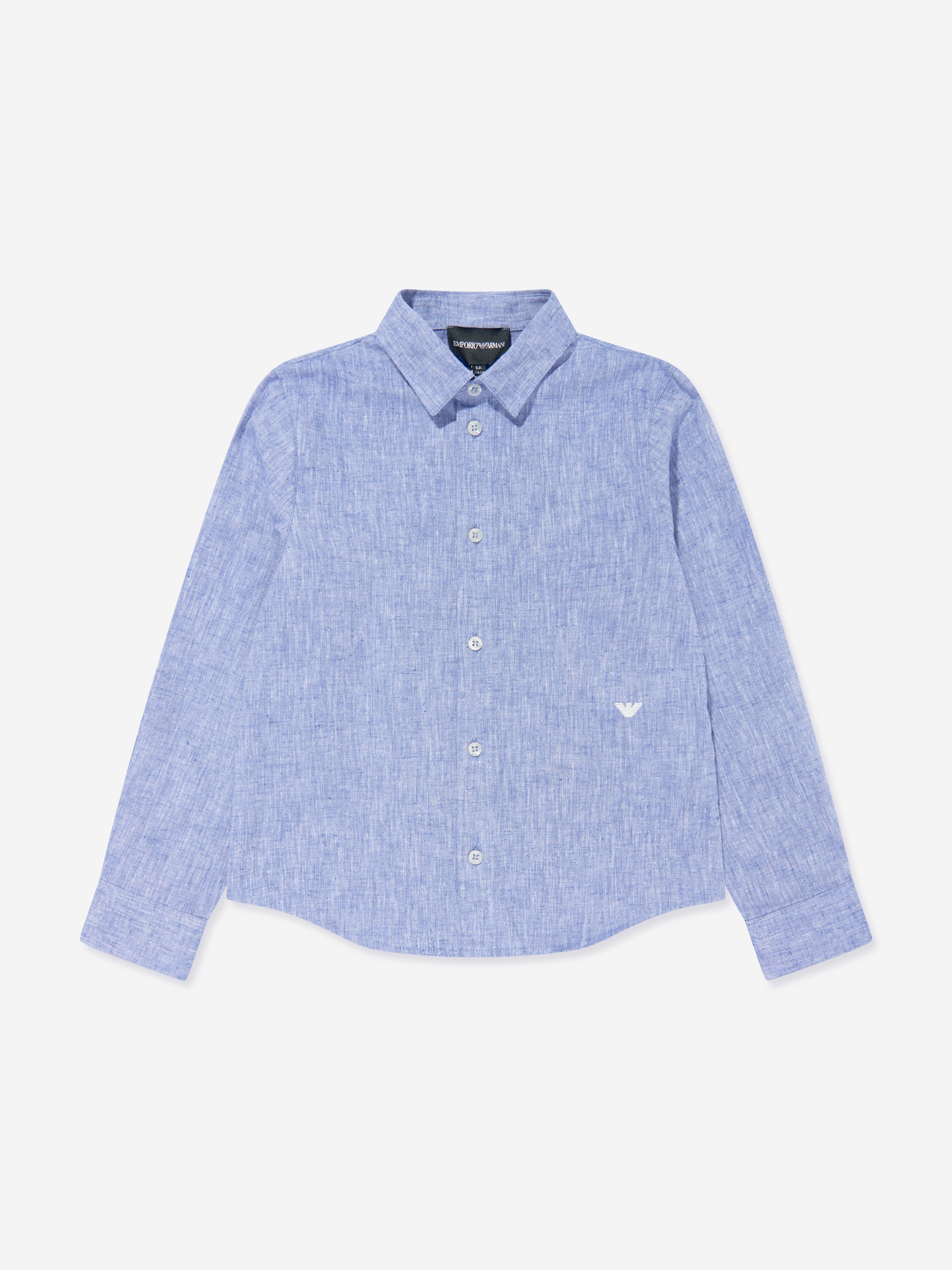 Emporio Armani Boys Linen Logo Shirt in Blue