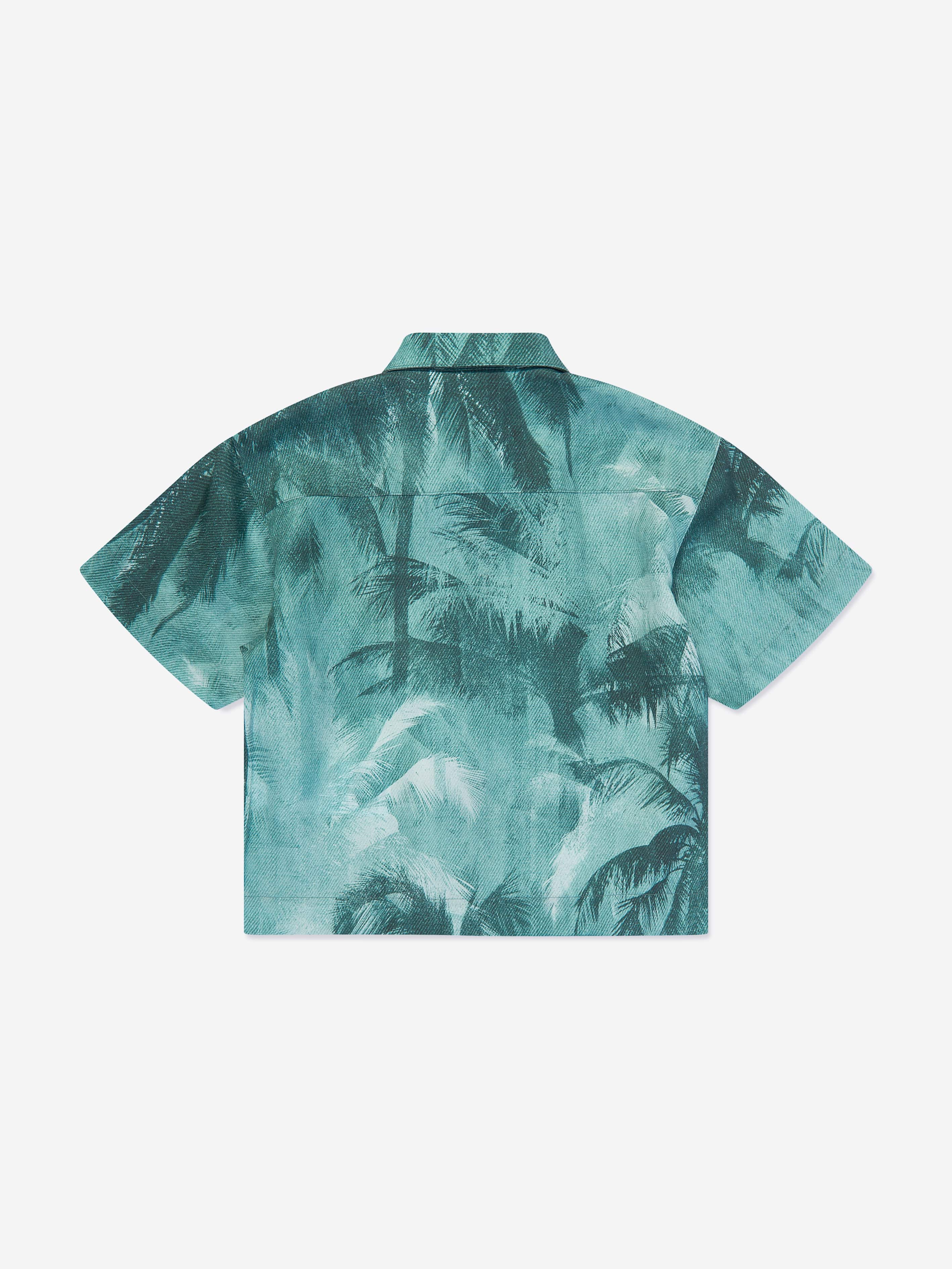 Emporio Armani Boys Short Sleeve Palm Leaf Shirt in Green