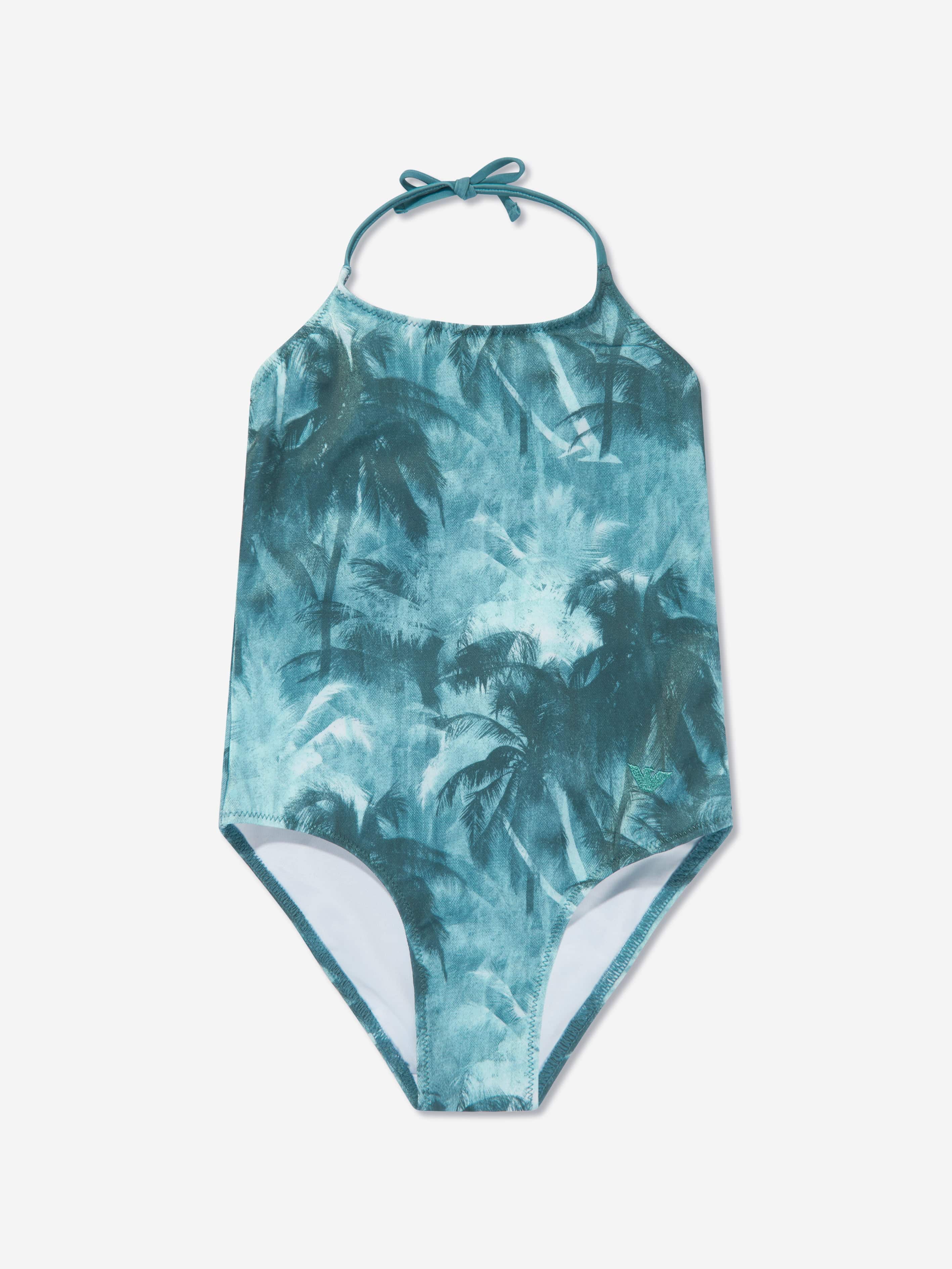 Emporio Armani Girls Palm Leaf Swimsuit in Green