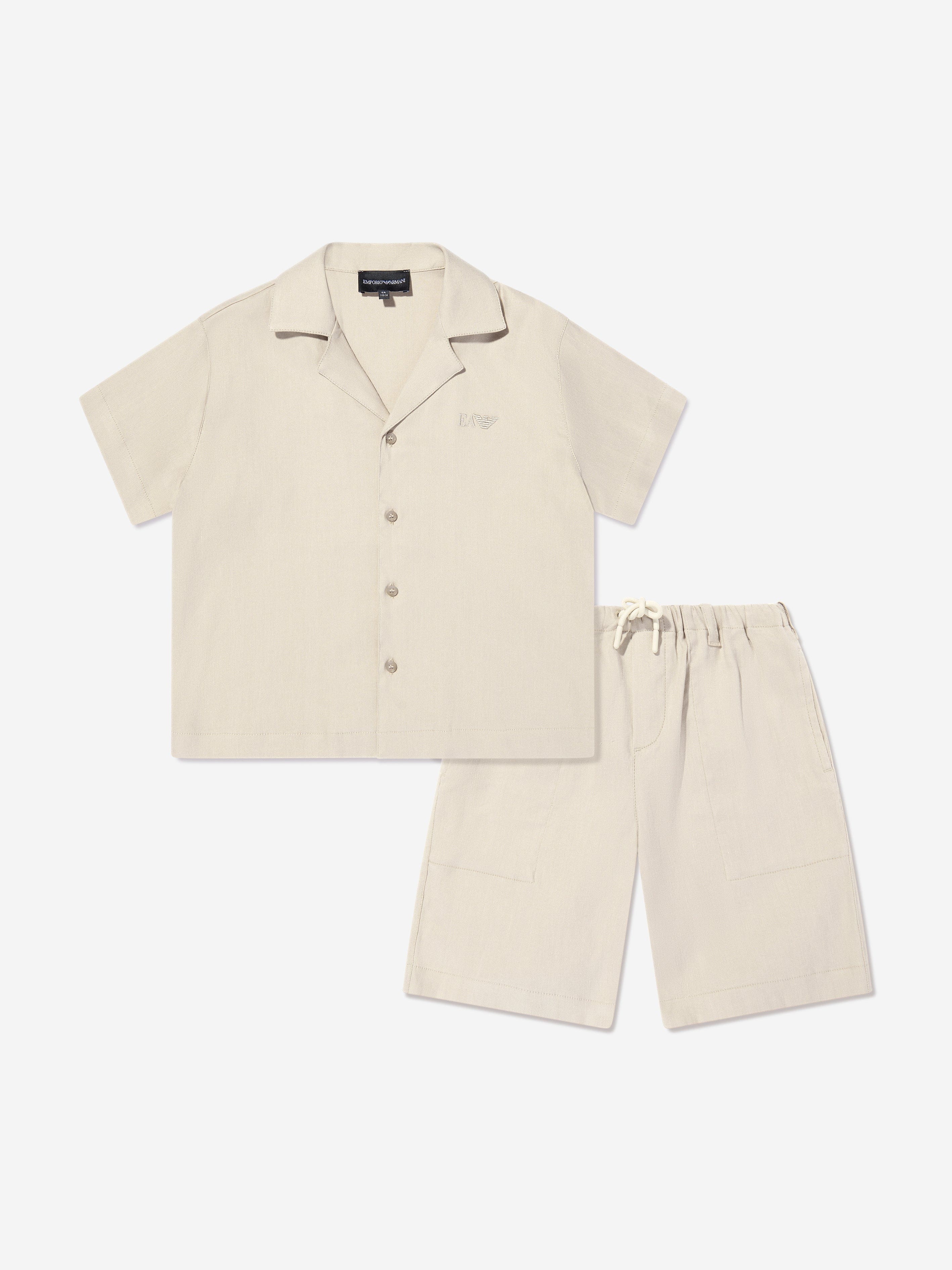 Emporio Armani Boys Linen Shirt and Shorts Set in Beige