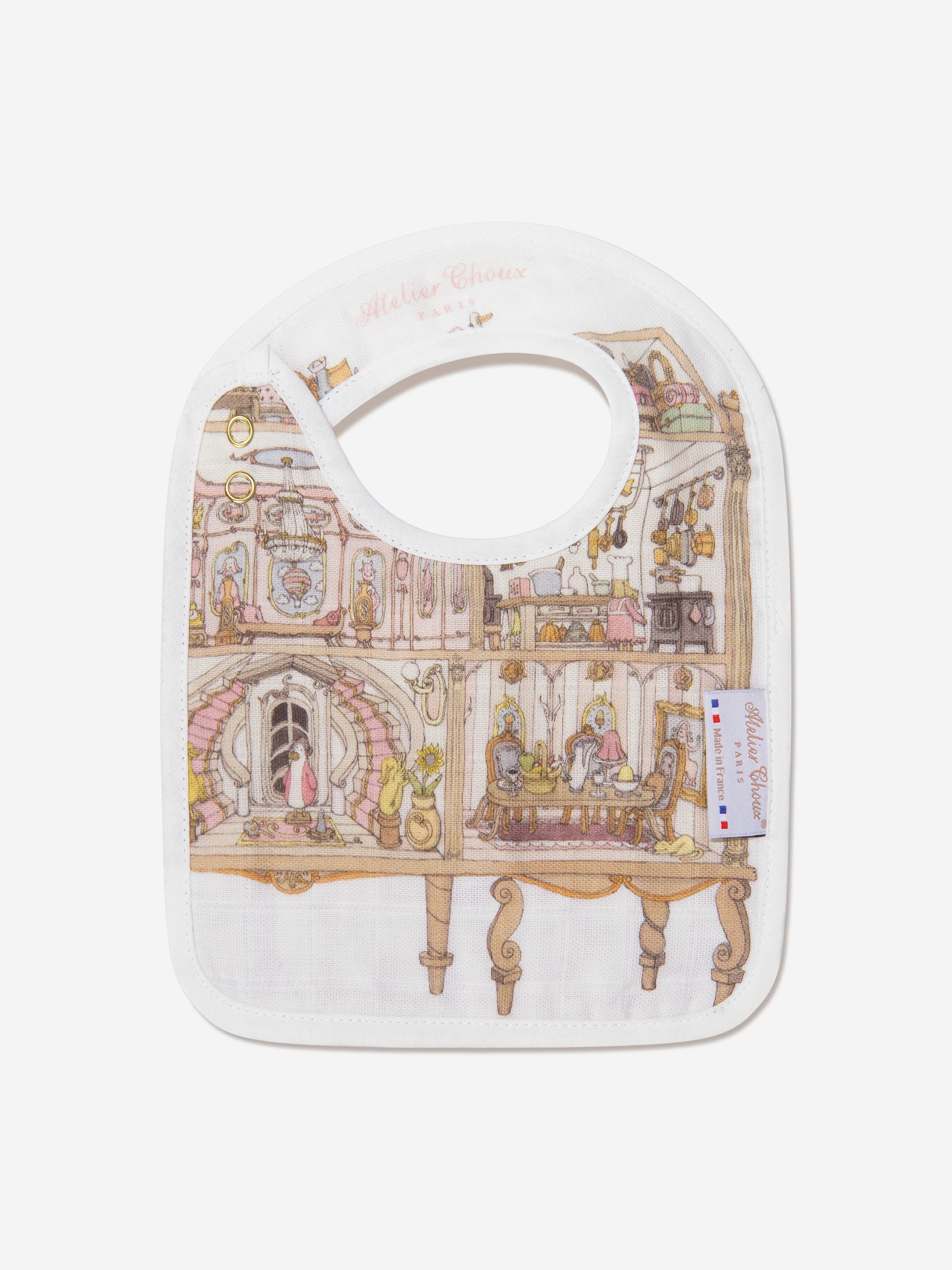 Atelier Choux Baby Girls Reversible Dollhouse Bib in White