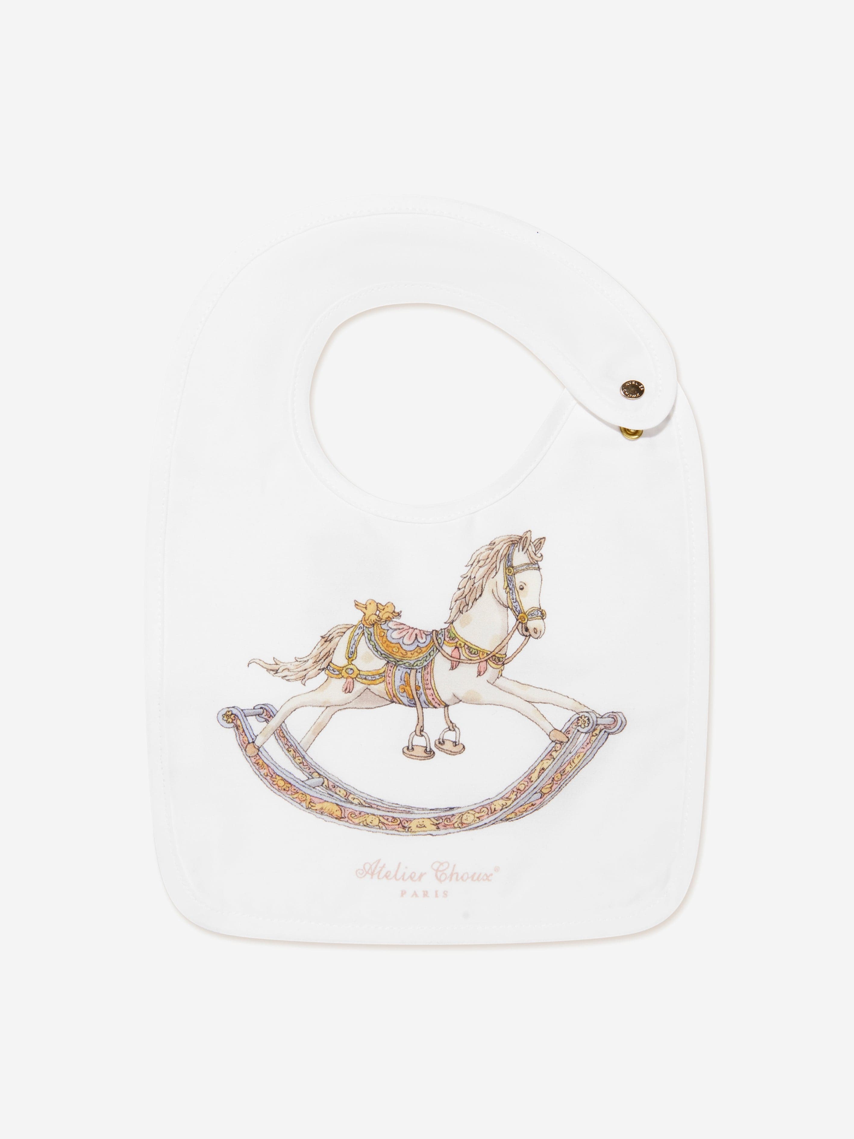 Atelier Choux Baby Rocking Horse Satin Bib in White