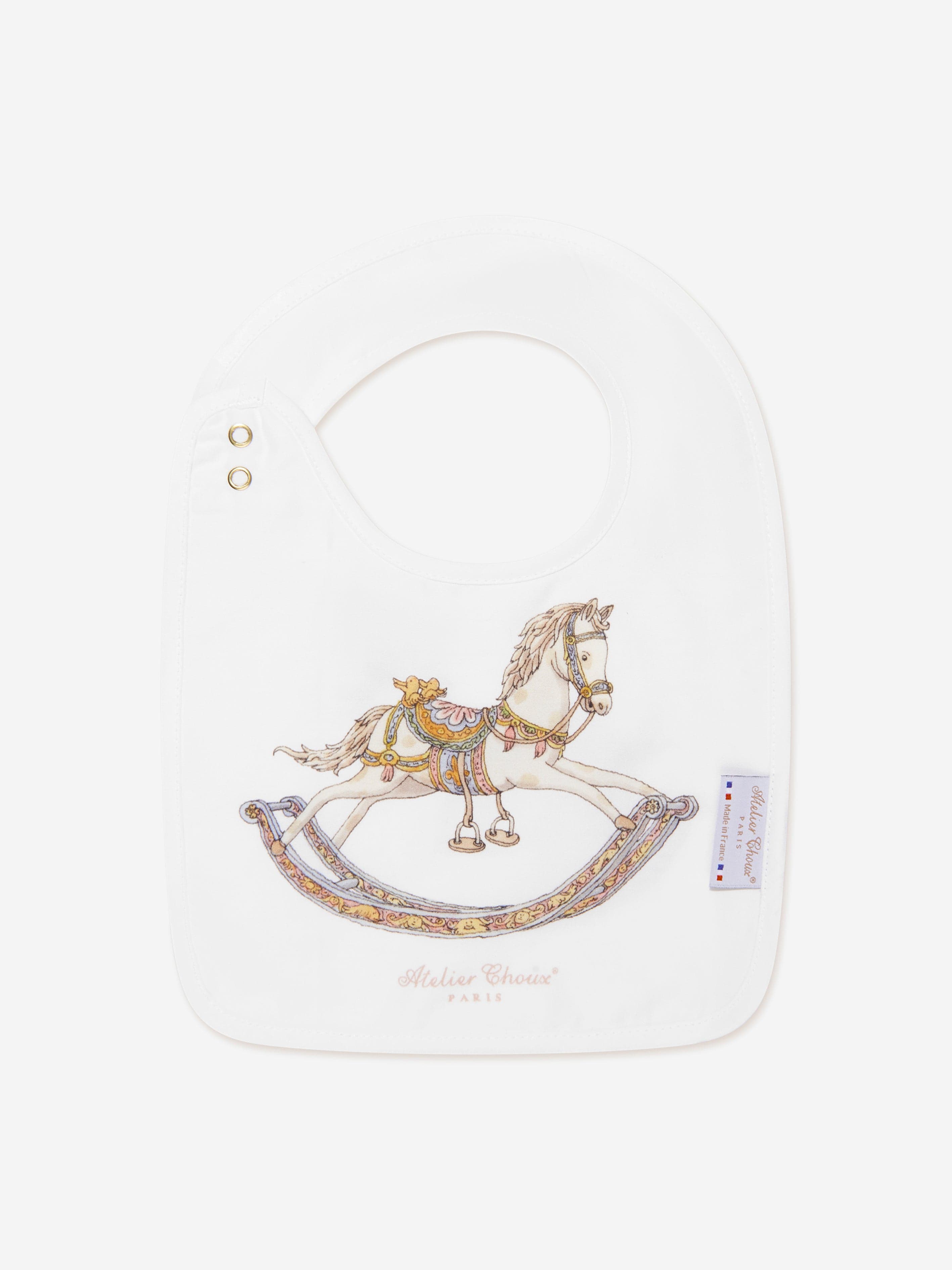 Atelier Choux Baby Rocking Horse Satin Bib in White