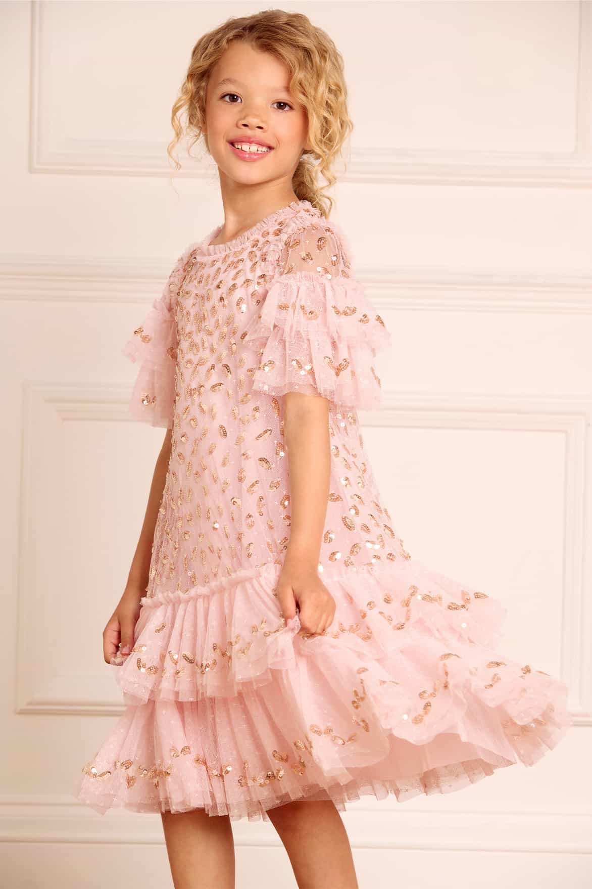 Needle & Thread Girls Autumn Leaves Dress in Pink