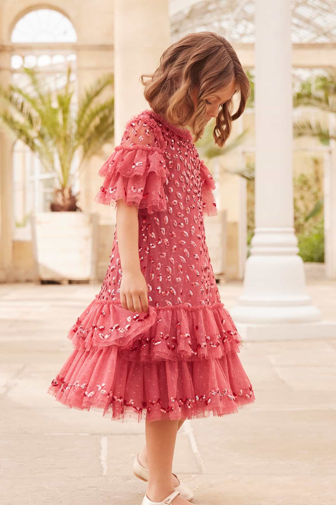 Needle & Thread Girls Autumn Leaves Dress in Pink