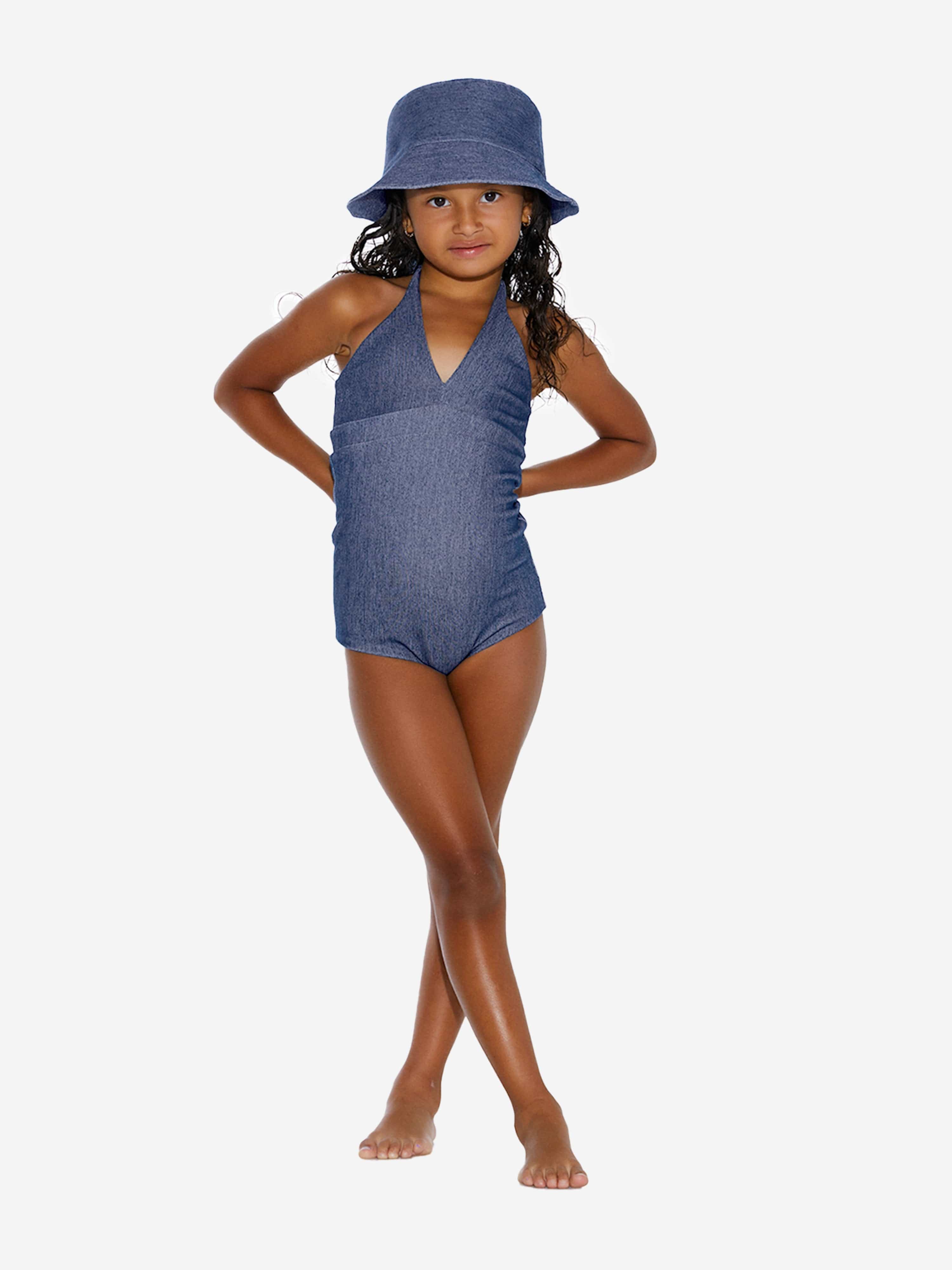 AY by AYLA Girls Denim Look Halterneck Swimsuit in Blue