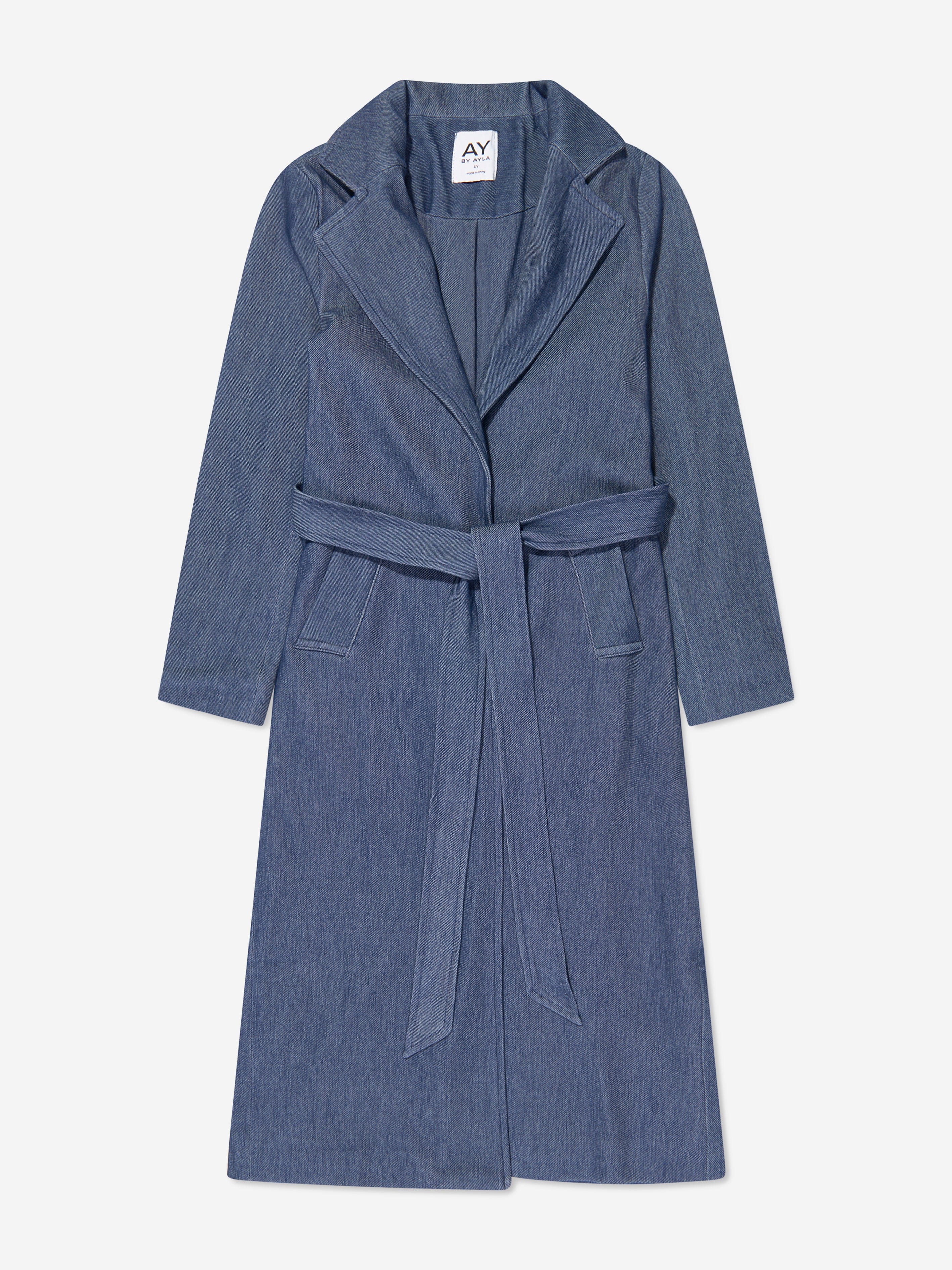 AY by AYLA Girls Denim Look Belted Trench Coat in Blue