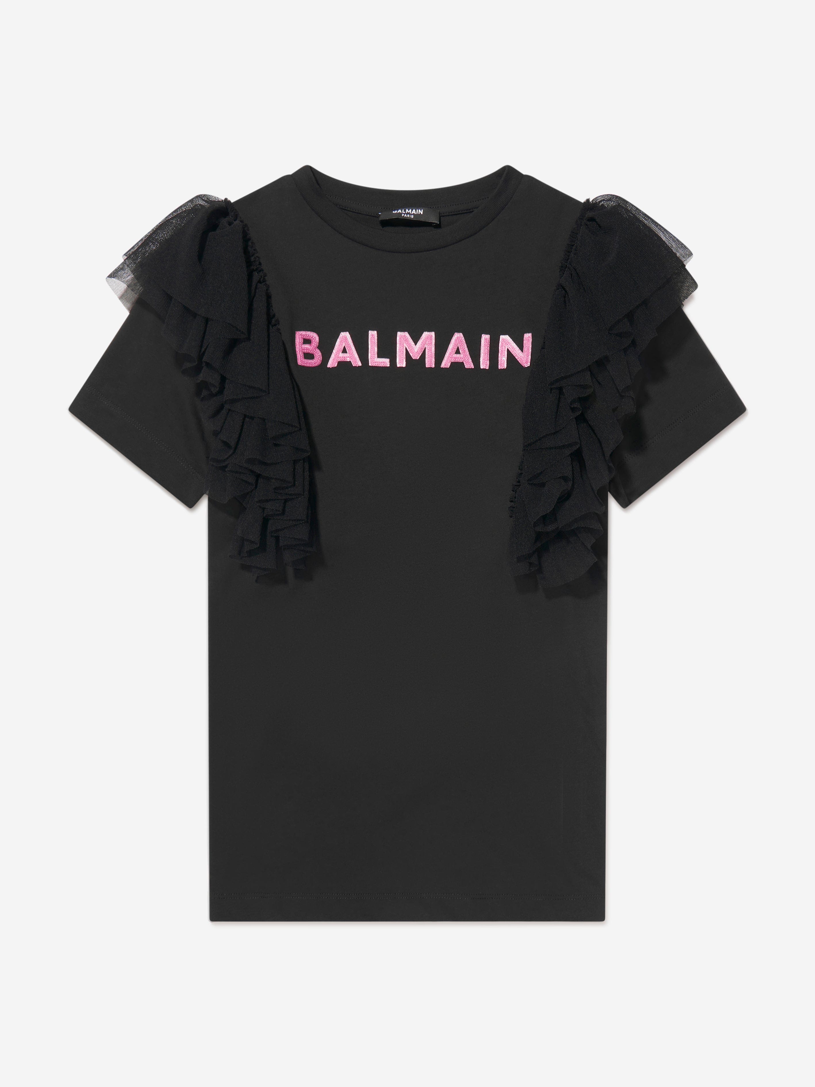 Balmain Girls Tulle Trim Jersey Dress in Black