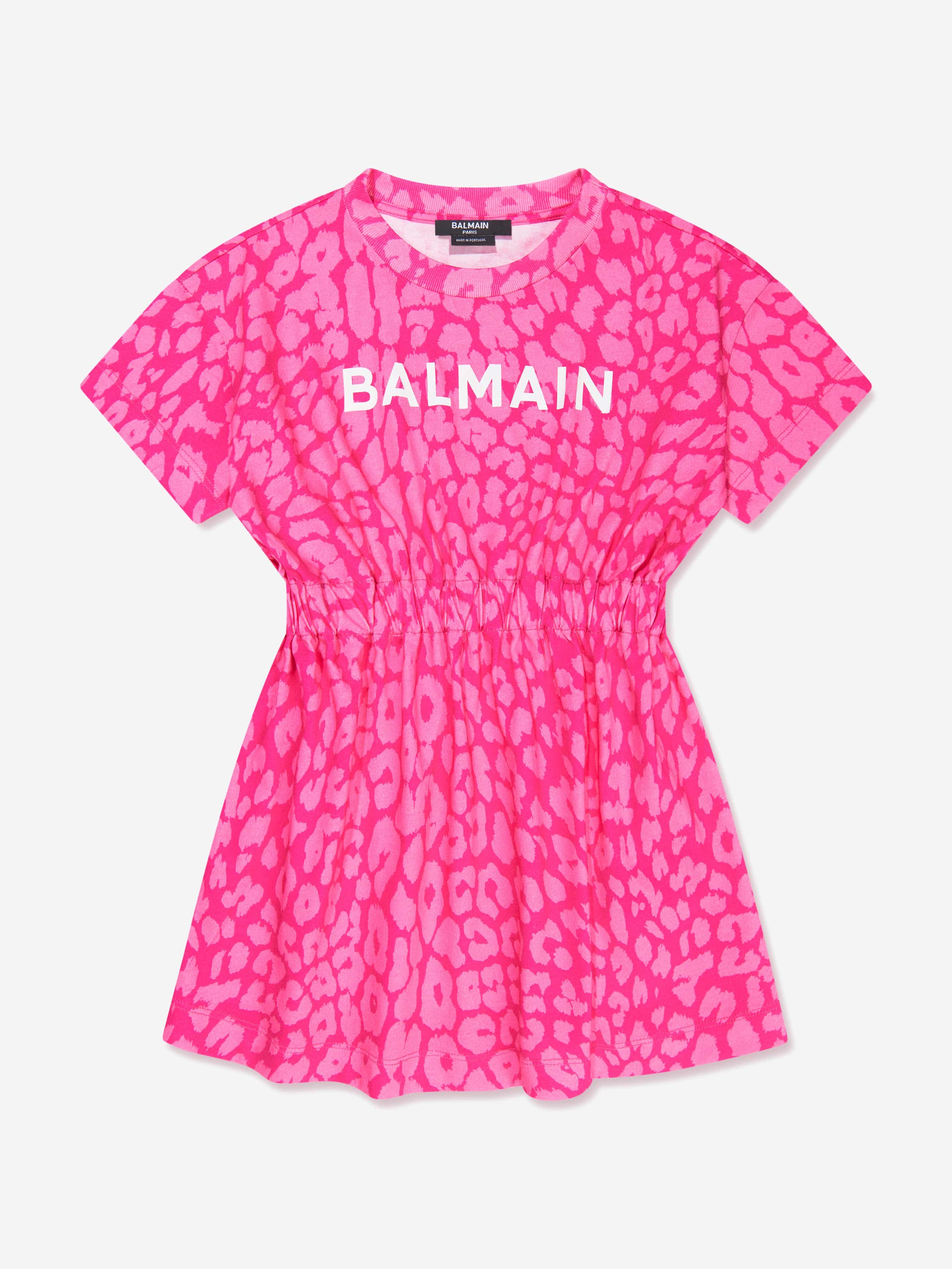 Balmain Girls Leopard Print Jersey Dress in Pink