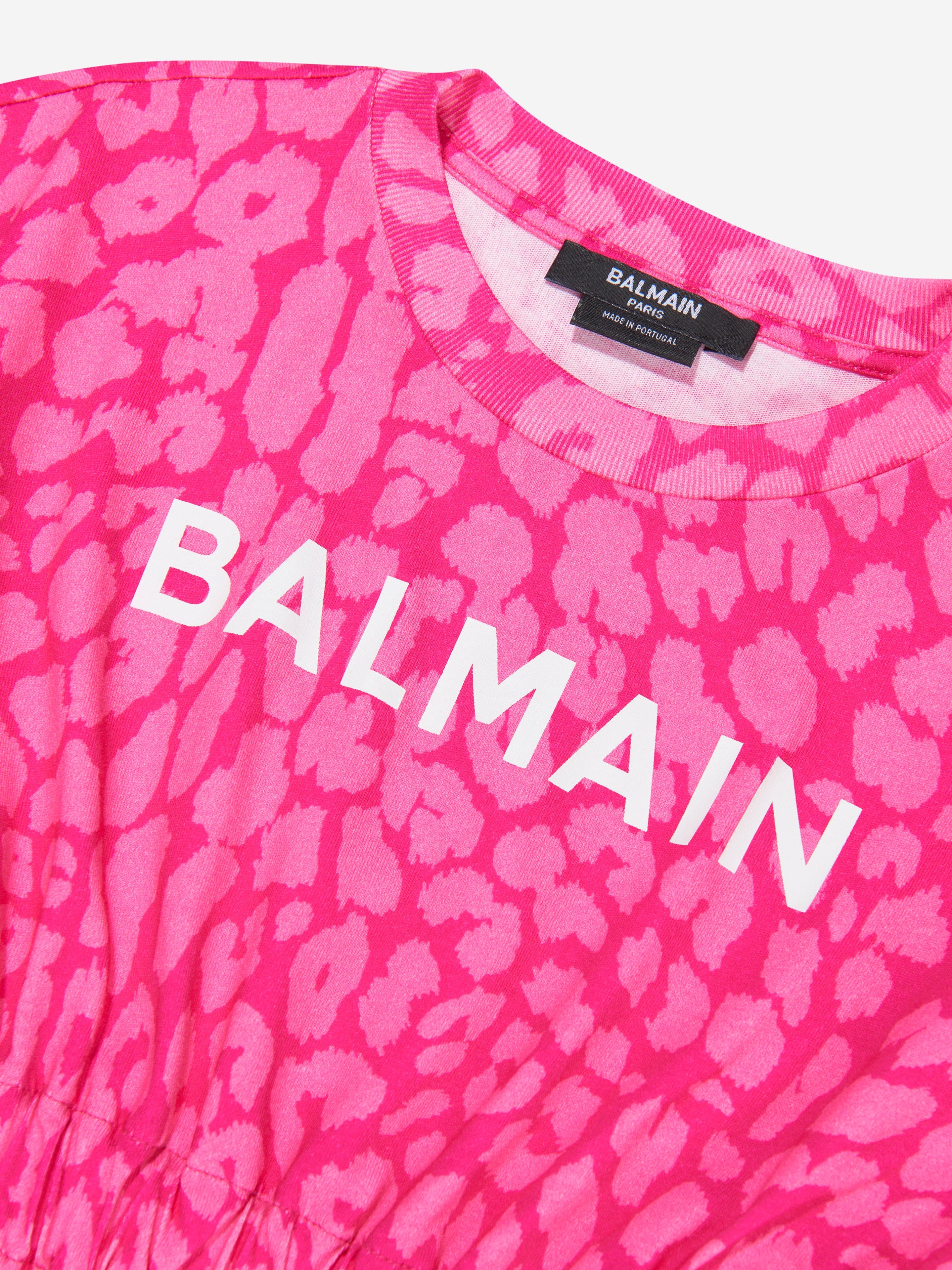 Balmain Girls Leopard Print Jersey Dress in Pink