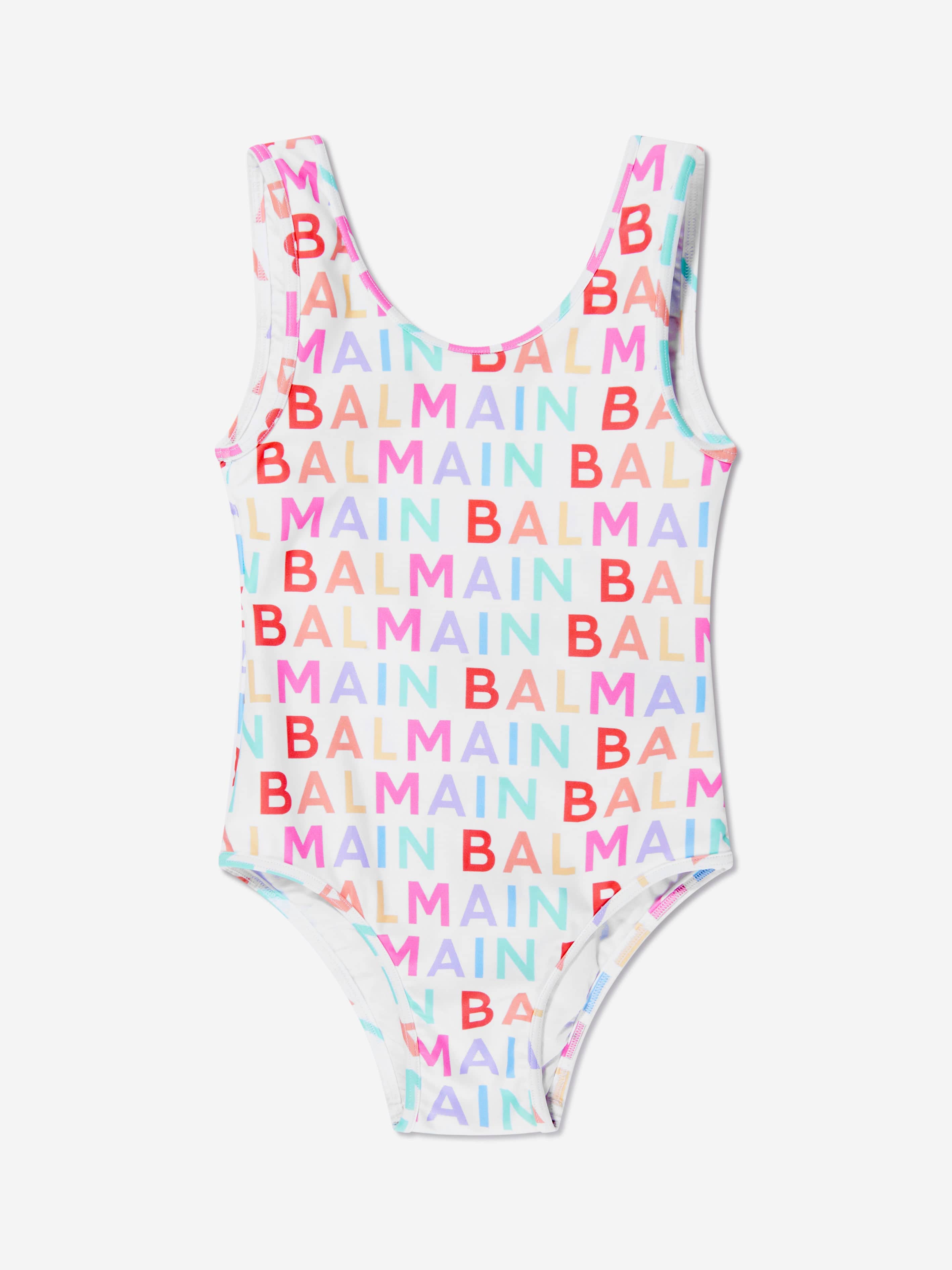 Balmain Girls Logo Print Swimsuit in White