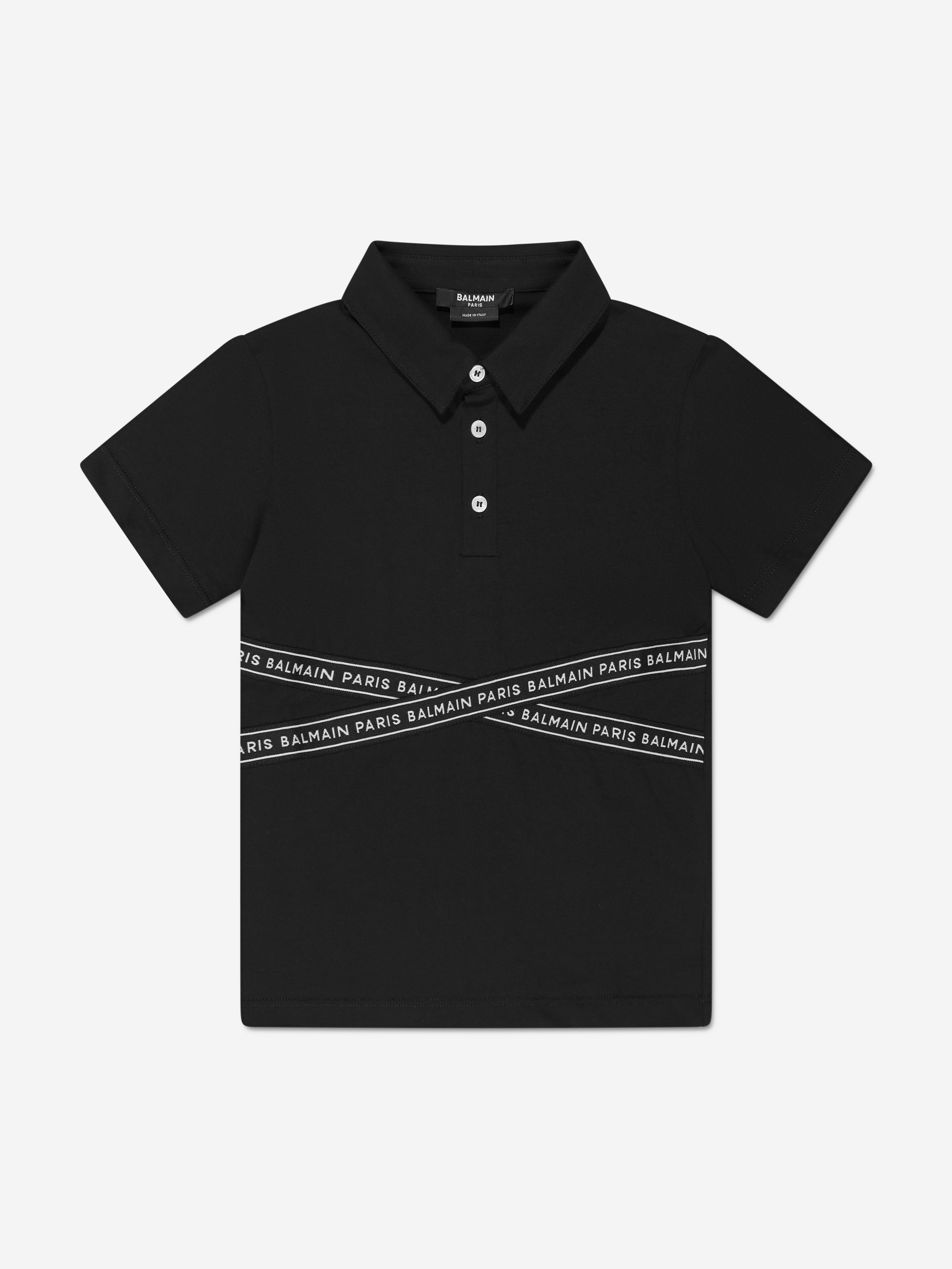 Balmain Boys Logo Tape Polo Shirt in Black