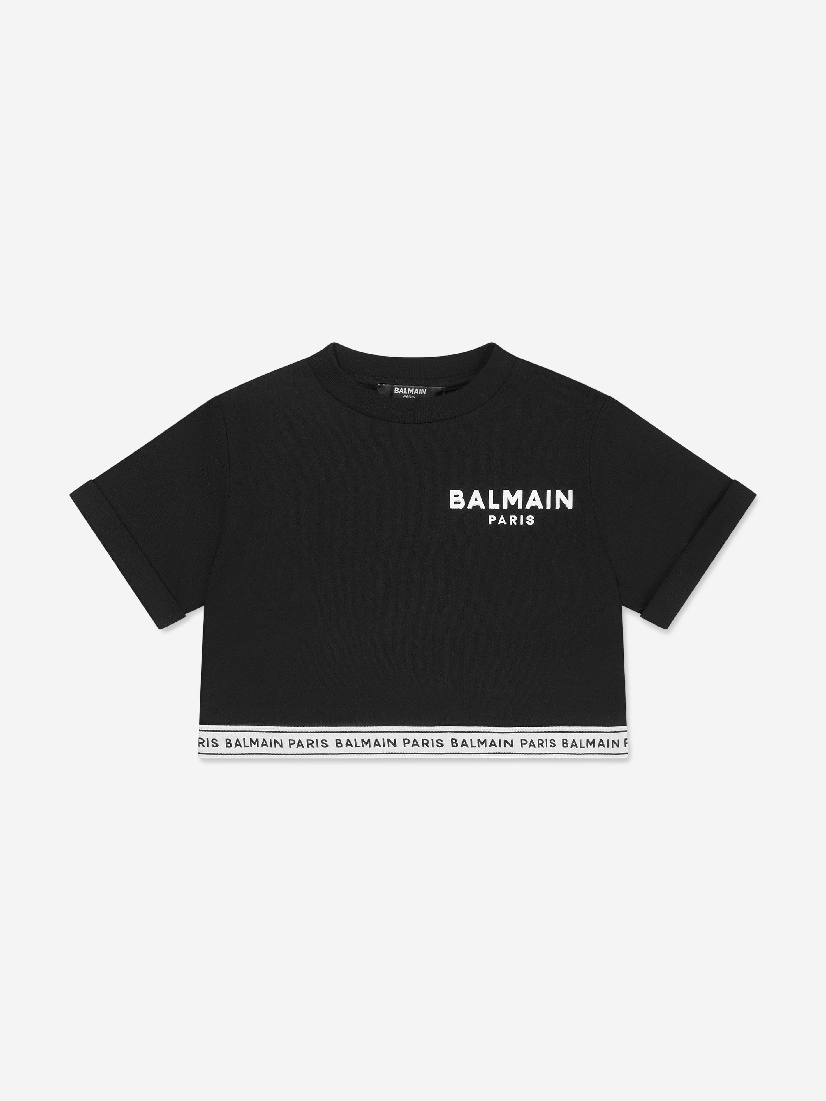 Balmain Girls Cropped Logo T-Shirt in Black