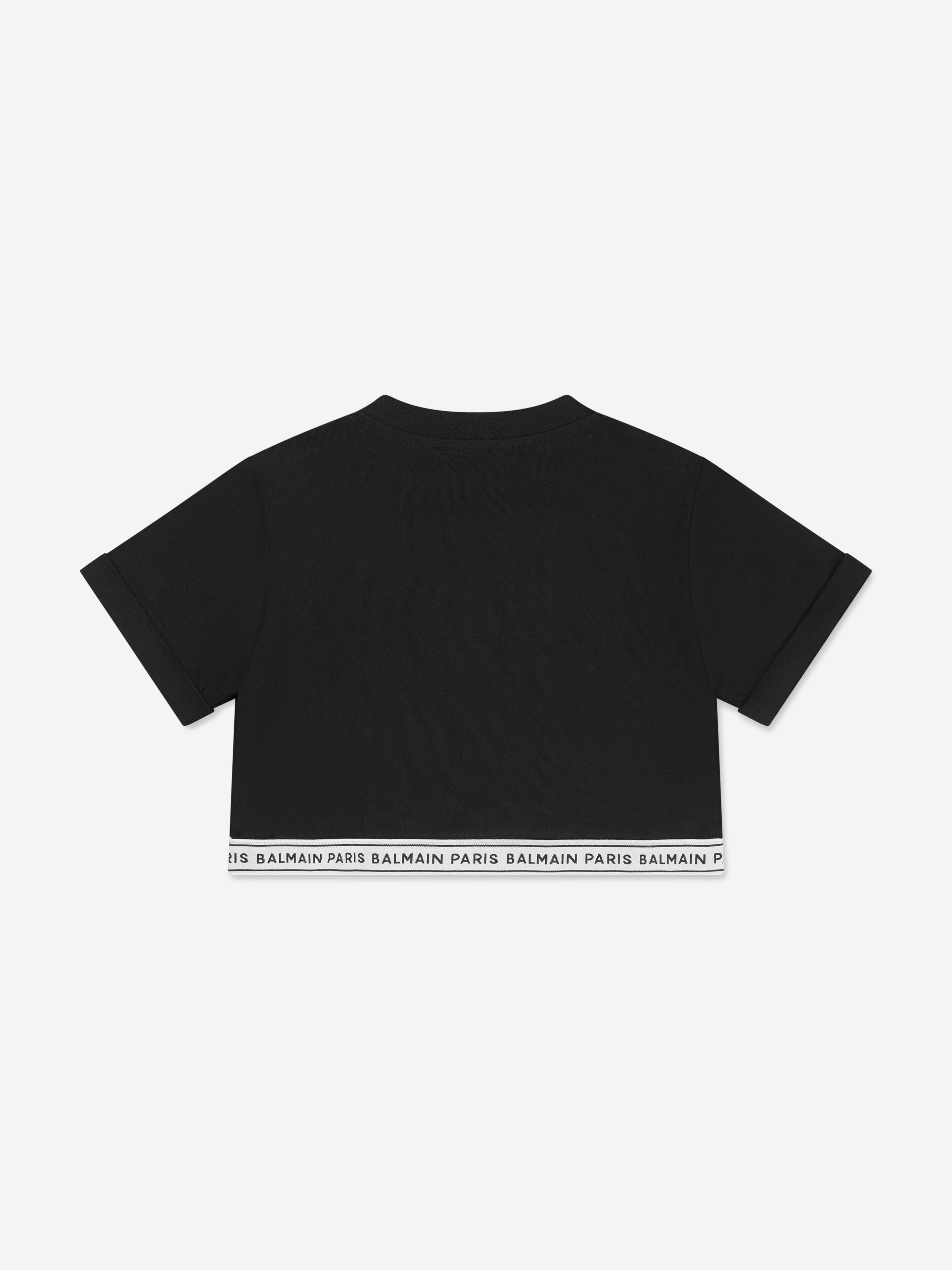 Balmain Girls Cropped Logo T-Shirt in Black