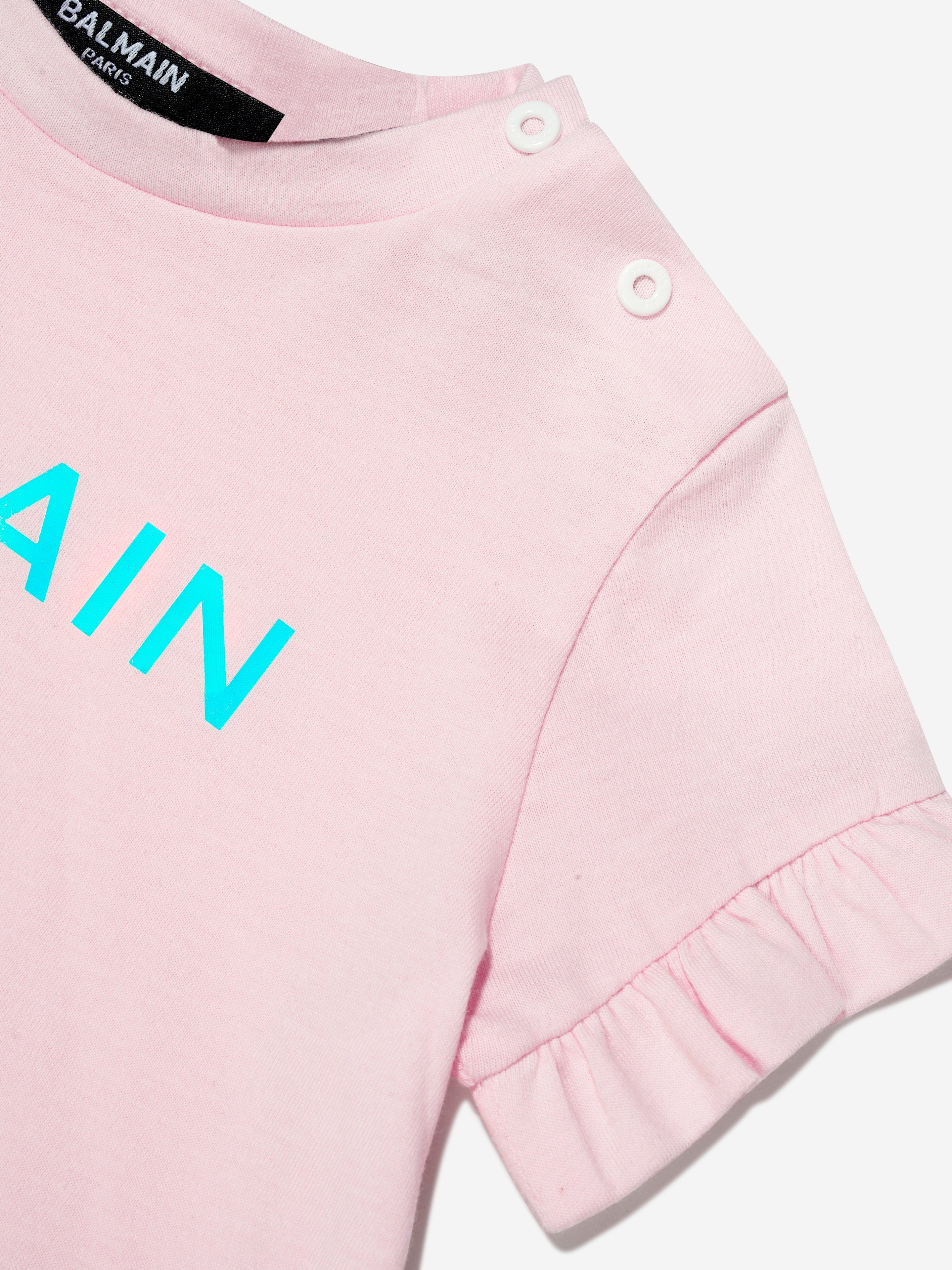 Balmain Baby Girls Logo Ruffle T-Shirt in Pink