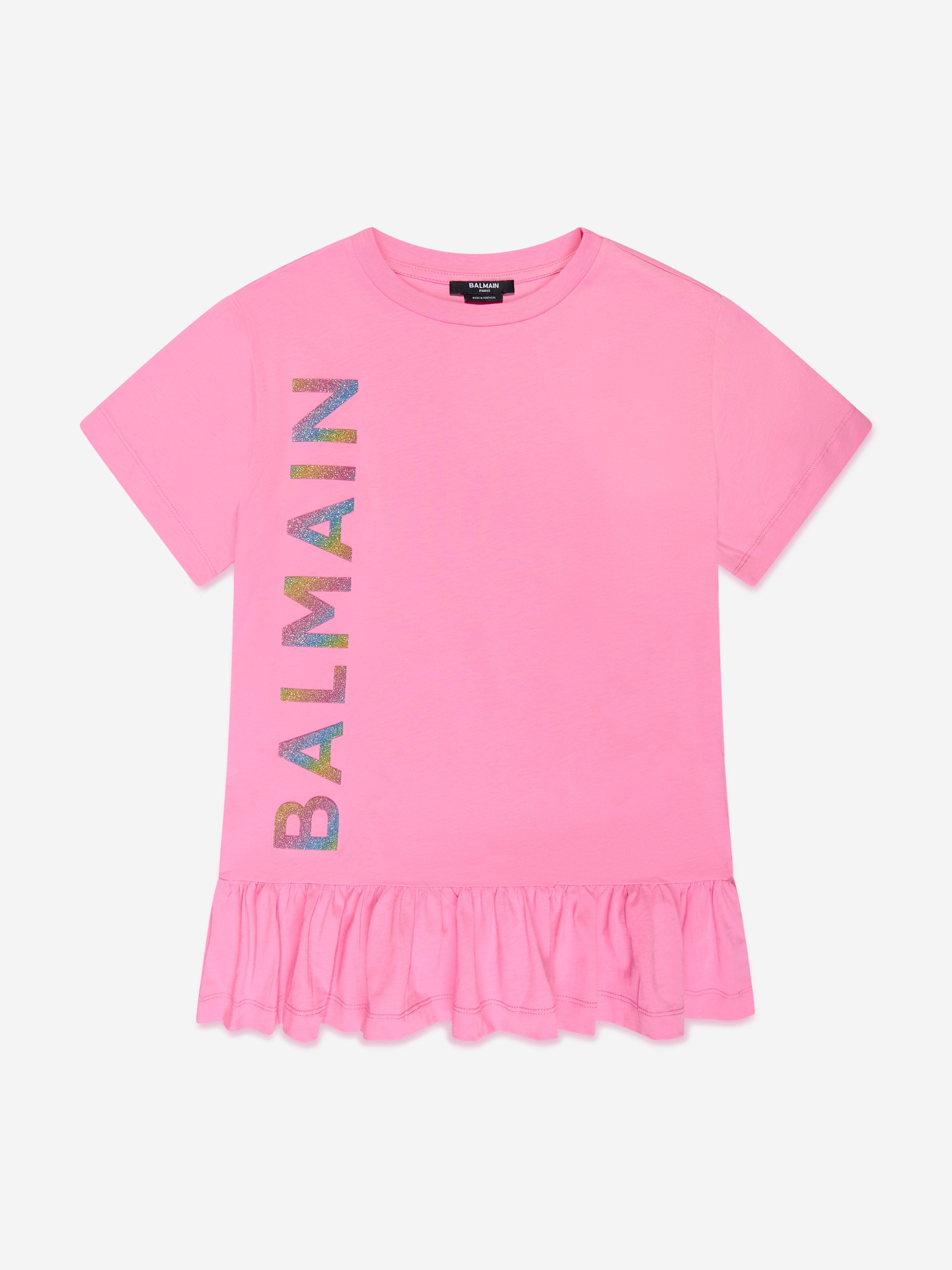 Balmain Girls Logo Jersey Dress in Pink