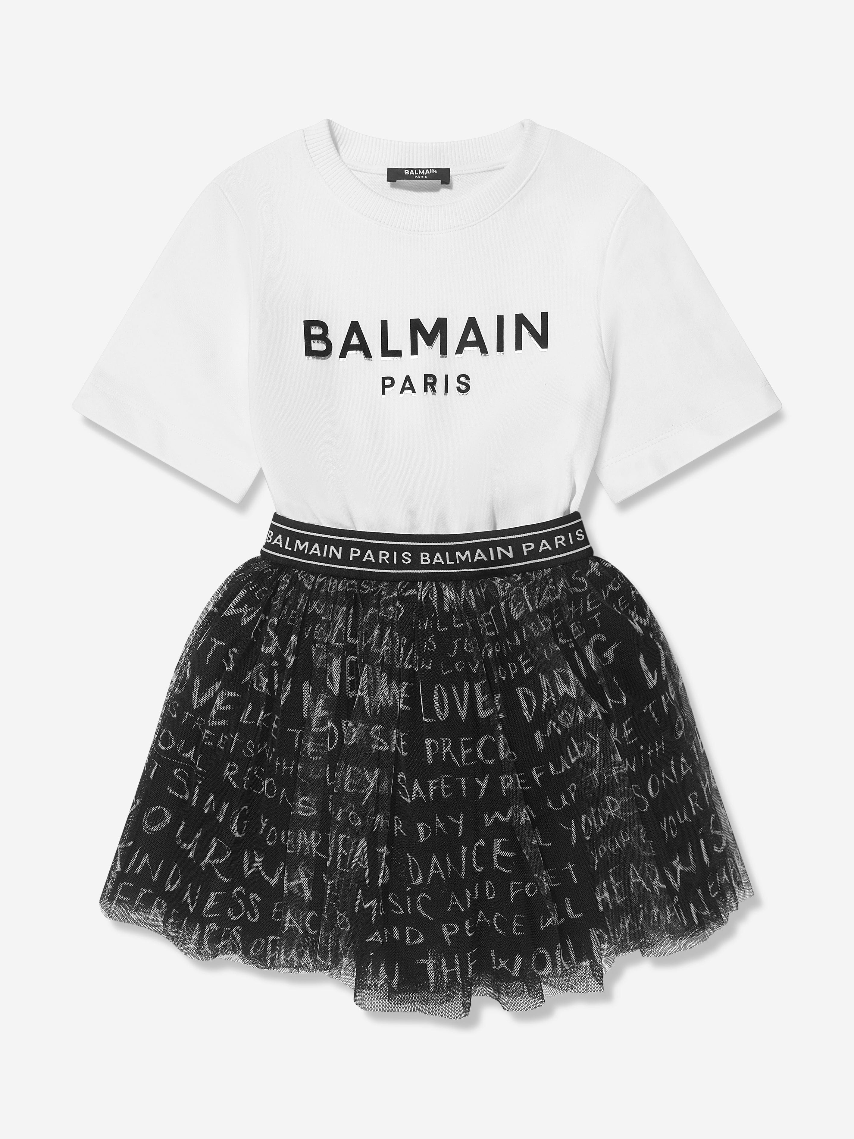 Balmain Girls Jersey And Tulle Logo Dress in White