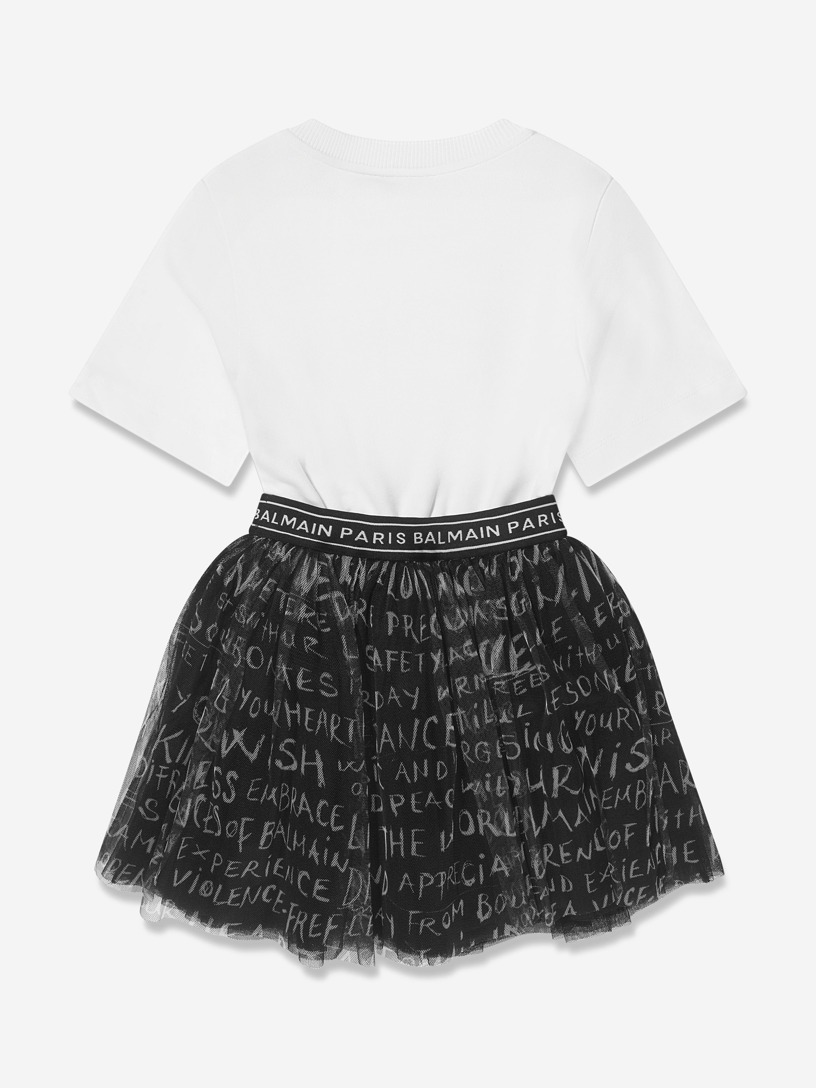 Balmain Girls Jersey And Tulle Logo Dress in White