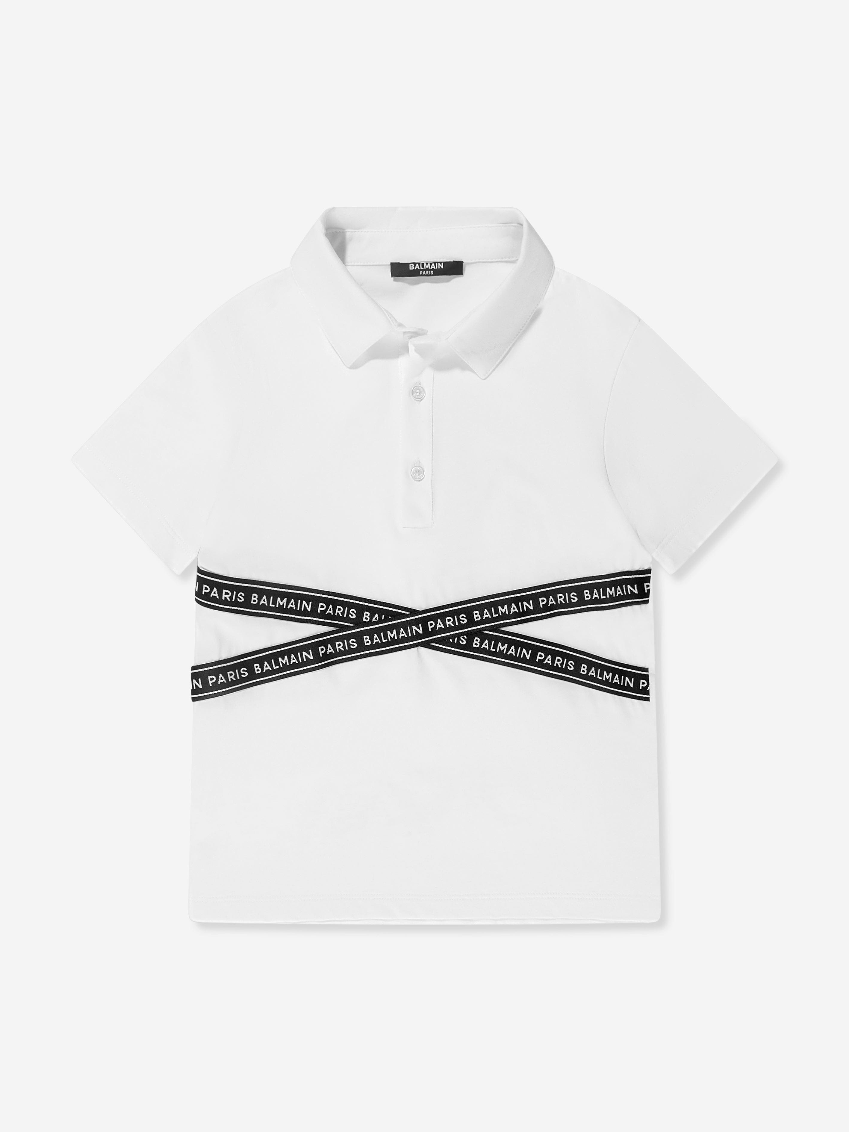 Balmain Boys Logo Tape Polo Shirt in White