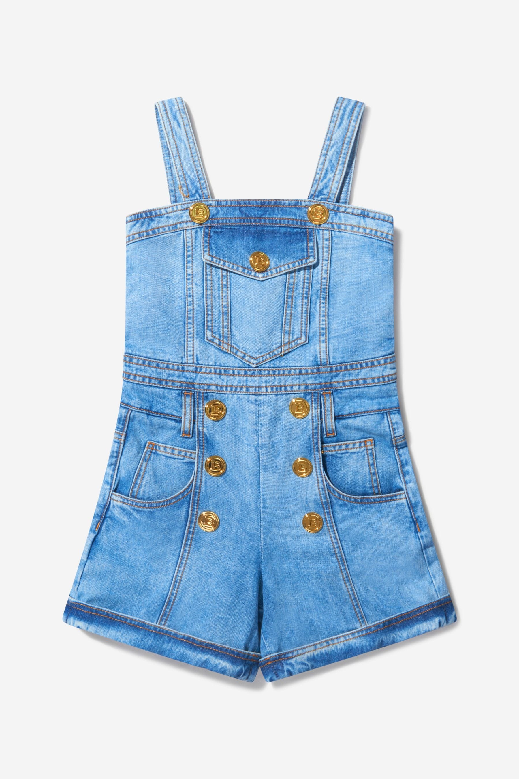 Balmain Girls Cotton Denim Short Dungarees